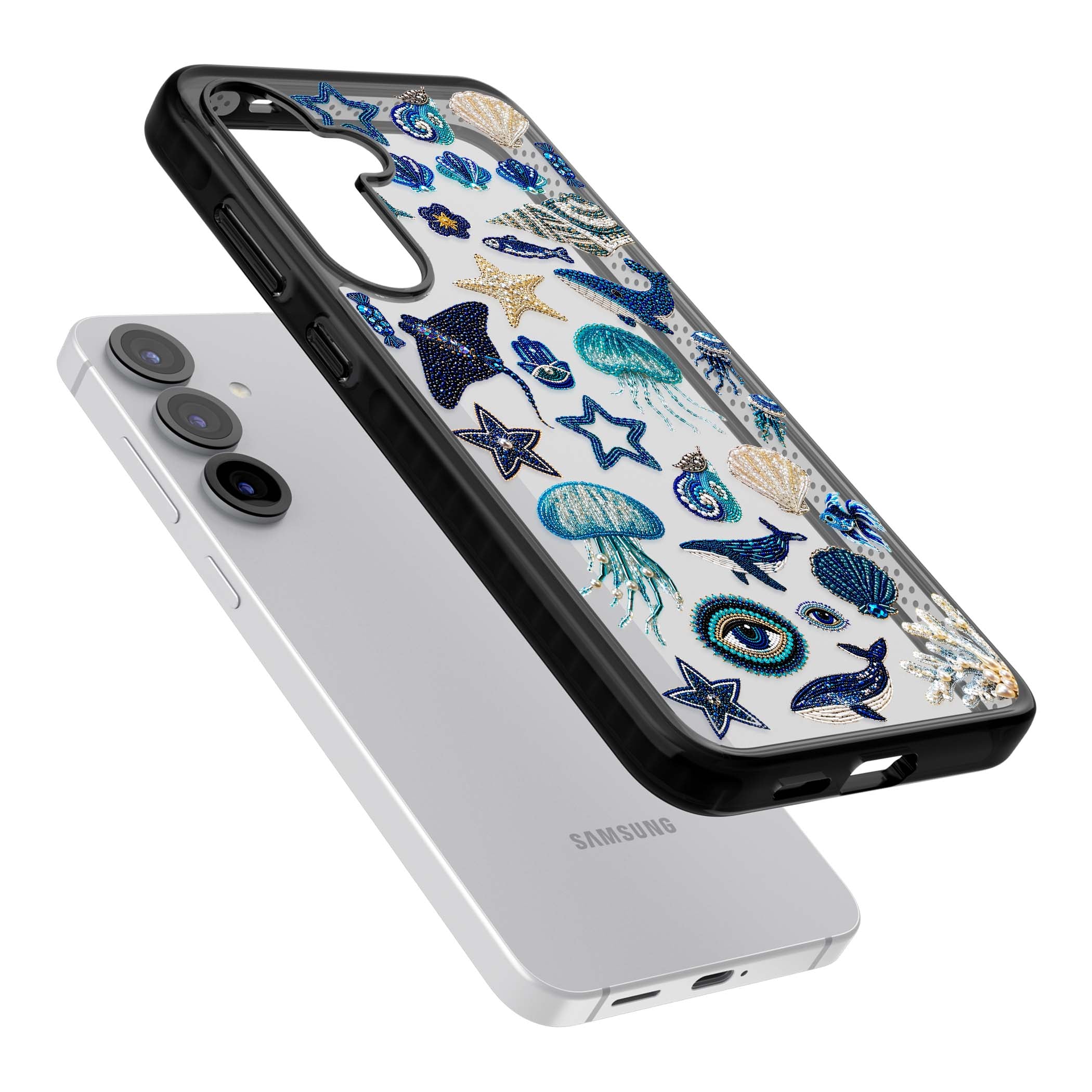 Beaded Coastal coastal iPhone case featuring embroidered seashells, jellyfish and a blue whale on clear | Black Impact case for Samsung Galaxy S25, Samsung Galaxy S25 Plus