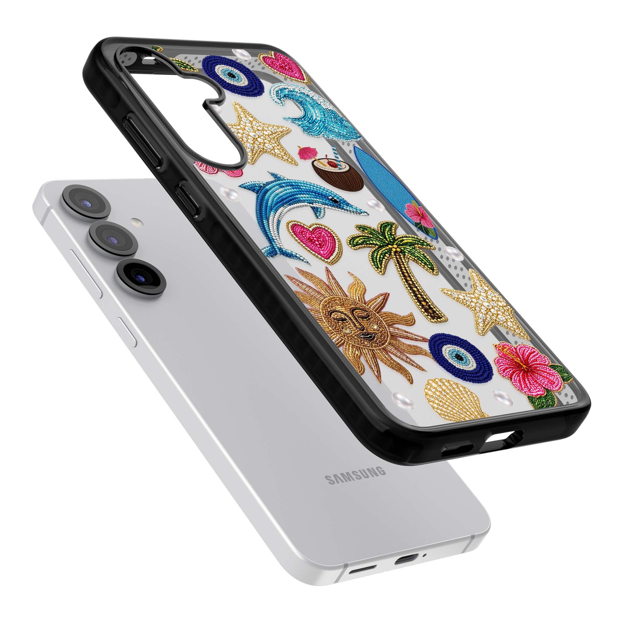 Beaded Beach coastal summer iPhone case featuring embroidered evil eye, hibiscus flowers, dolphin and palm tree patches | Black Impact case for Samsung Galaxy S25, Samsung Galaxy S25 Plus