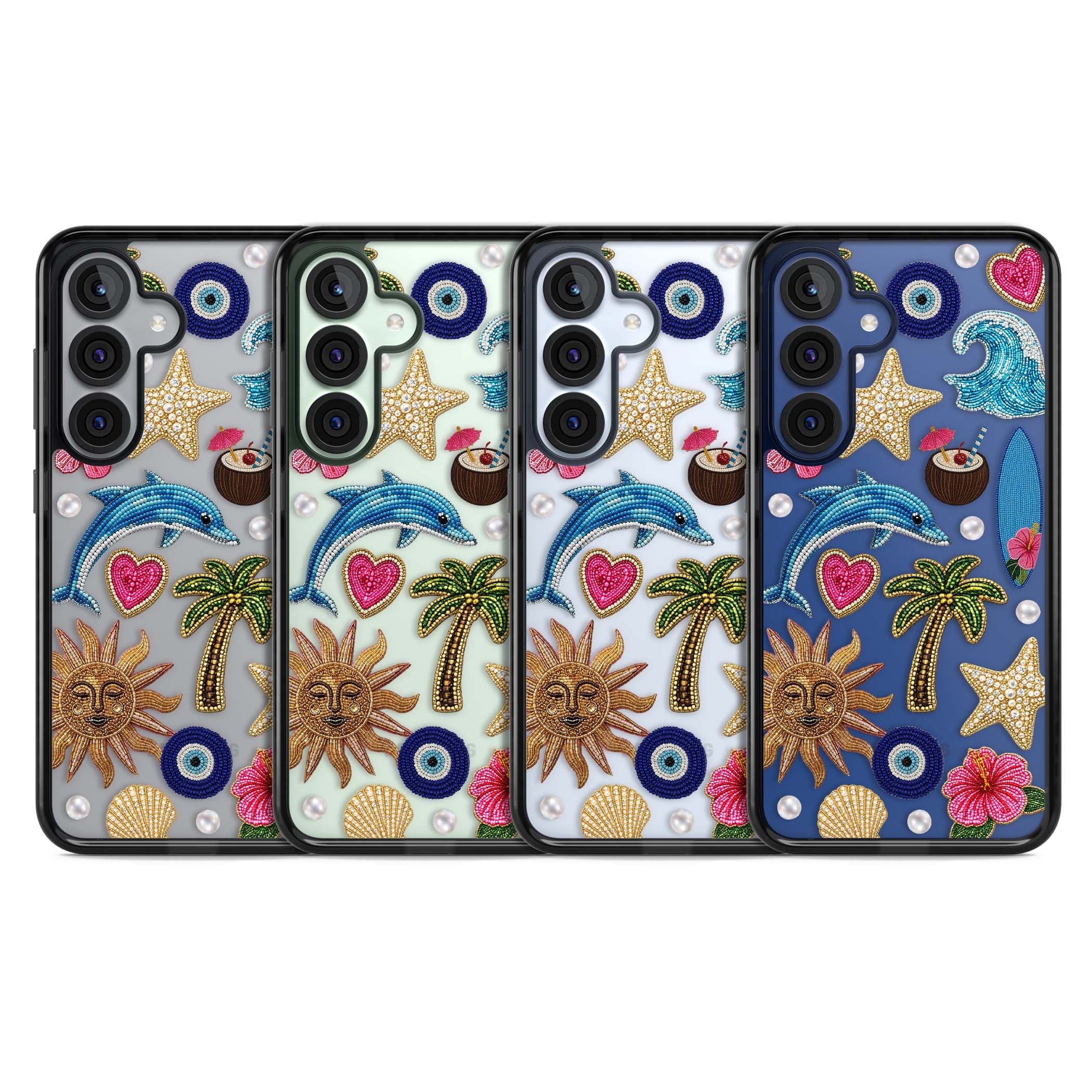 Beaded Beach coastal summer iPhone case featuring embroidered evil eye, hibiscus flowers, dolphin and palm tree patches | Black Impact case for Samsung Galaxy S25, Samsung Galaxy S25 Plus