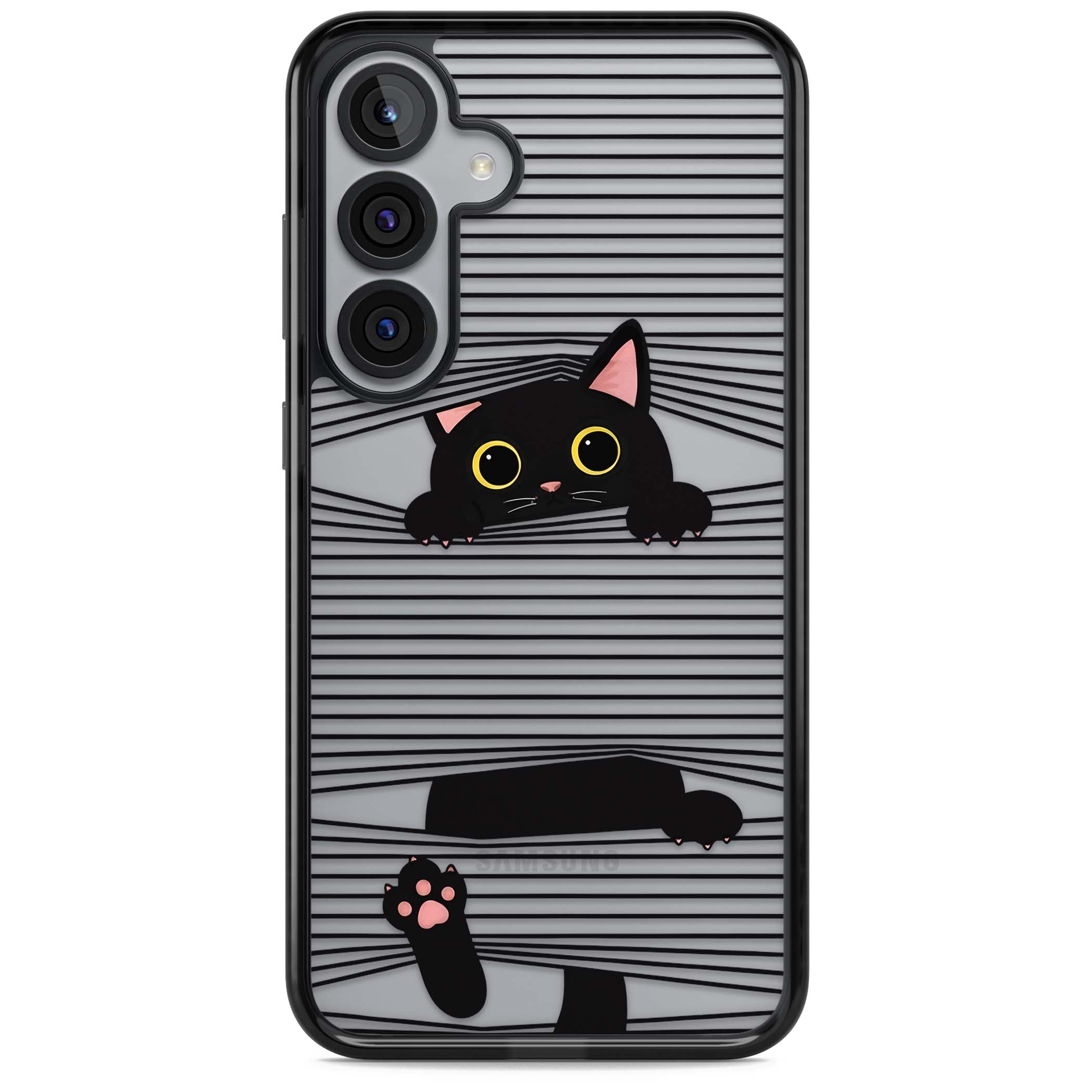 Peek-a-Boo Cat minimal iPhone case featuring black cat peeking through horizontal black and white stripes | Black Impact case for Samsung Galaxy S25, Samsung Galaxy S25 Plus