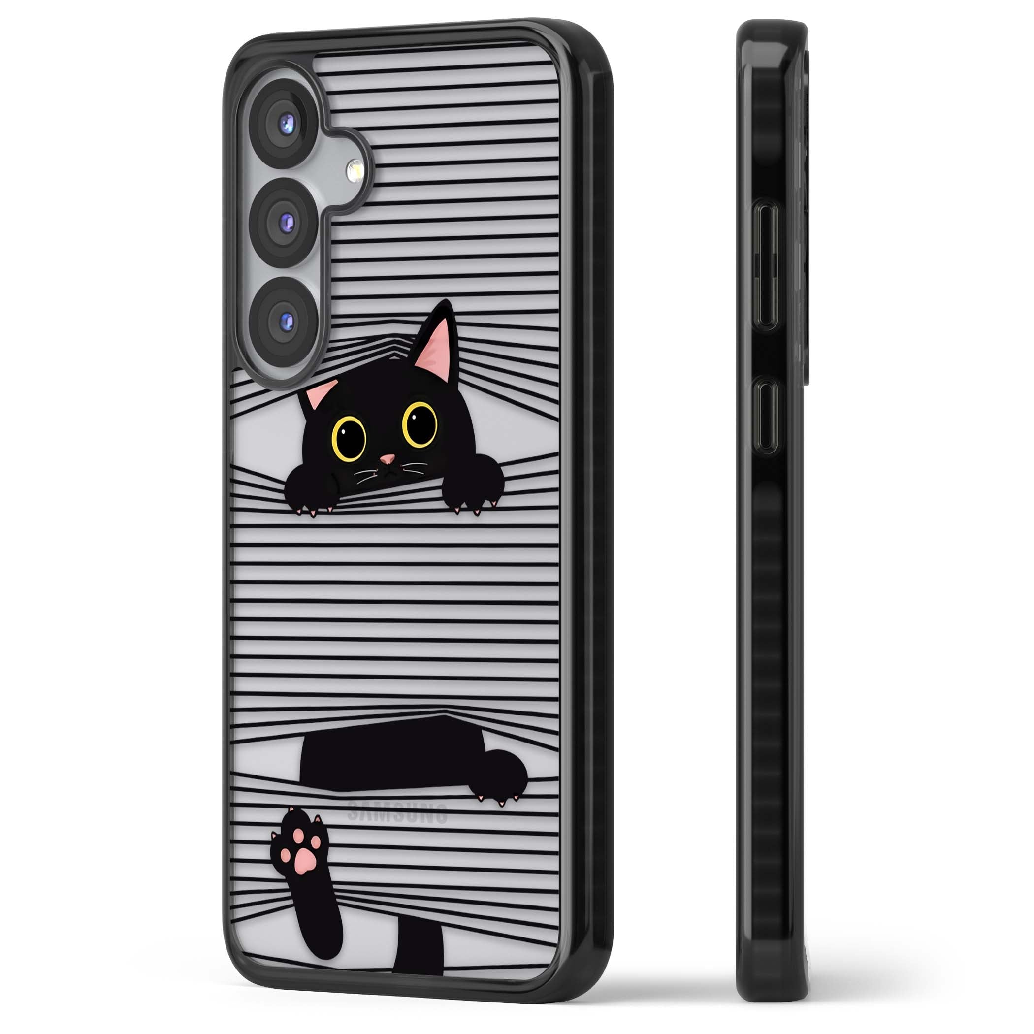 Peek-a-Boo Cat minimal iPhone case featuring black cat peeking through horizontal black and white stripes | Black Impact case for Samsung Galaxy S25, Samsung Galaxy S25 Plus