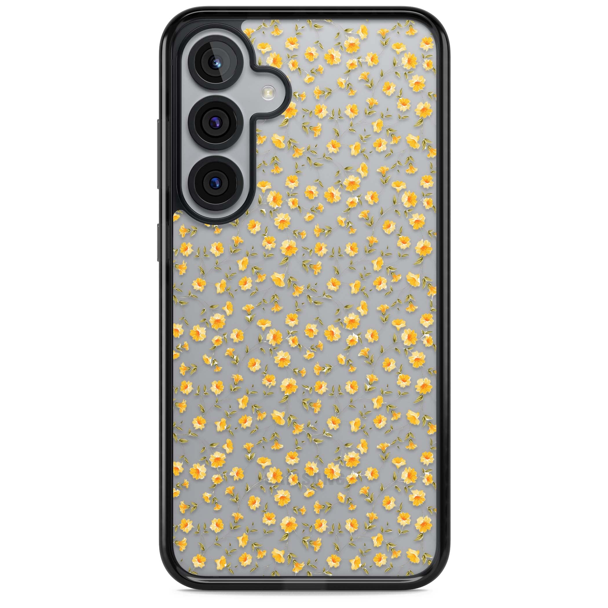 Buttercup wildflower iPhone case featuring tiny yellow flowers and trailing green vines on clear | Black Impact case for Samsung Galaxy S25, Samsung Galaxy S25 Plus