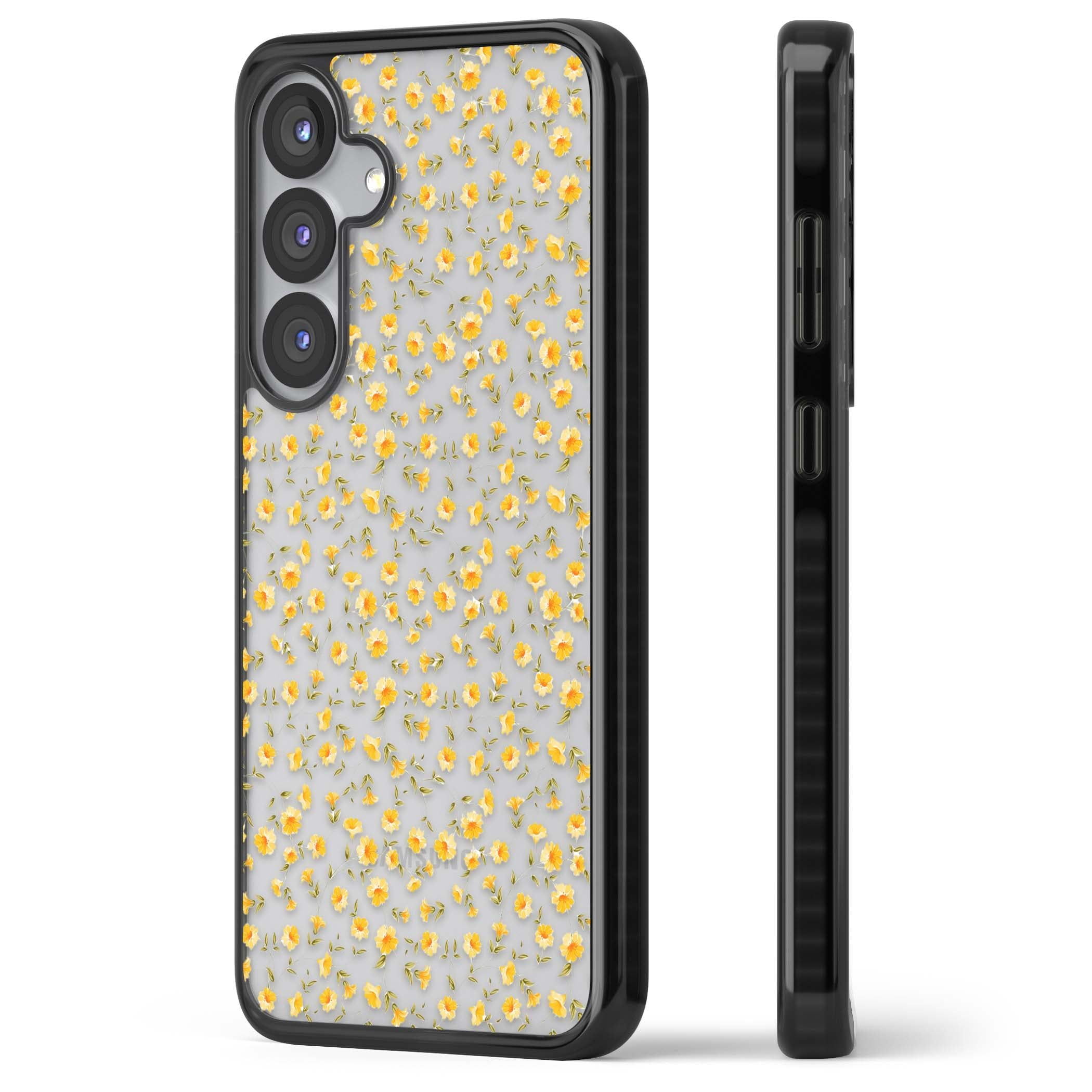 Buttercup wildflower iPhone case featuring tiny yellow flowers and trailing green vines on clear | Black Impact case for Samsung Galaxy S25, Samsung Galaxy S25 Plus