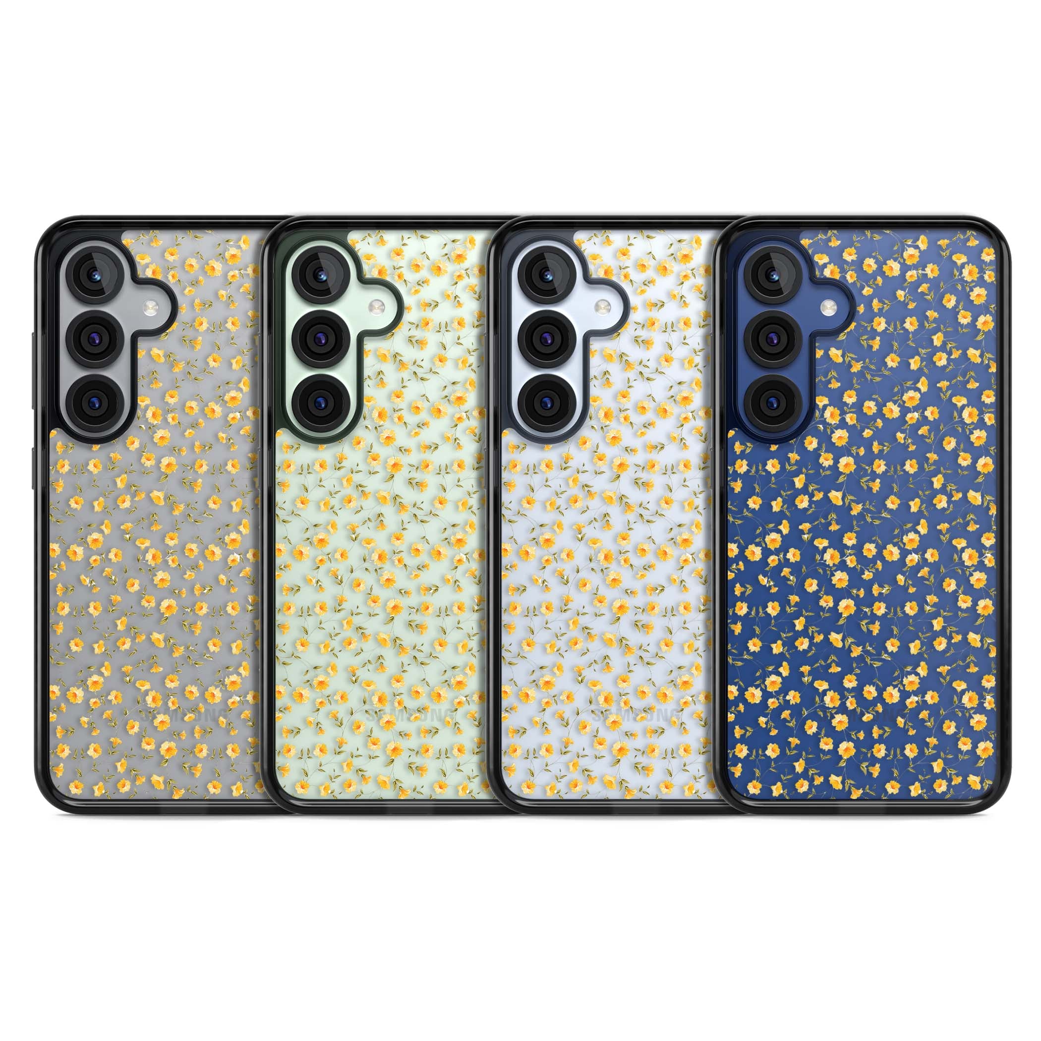 Buttercup wildflower iPhone case featuring tiny yellow flowers and trailing green vines on clear | Black Impact case for Samsung Galaxy S25, Samsung Galaxy S25 Plus