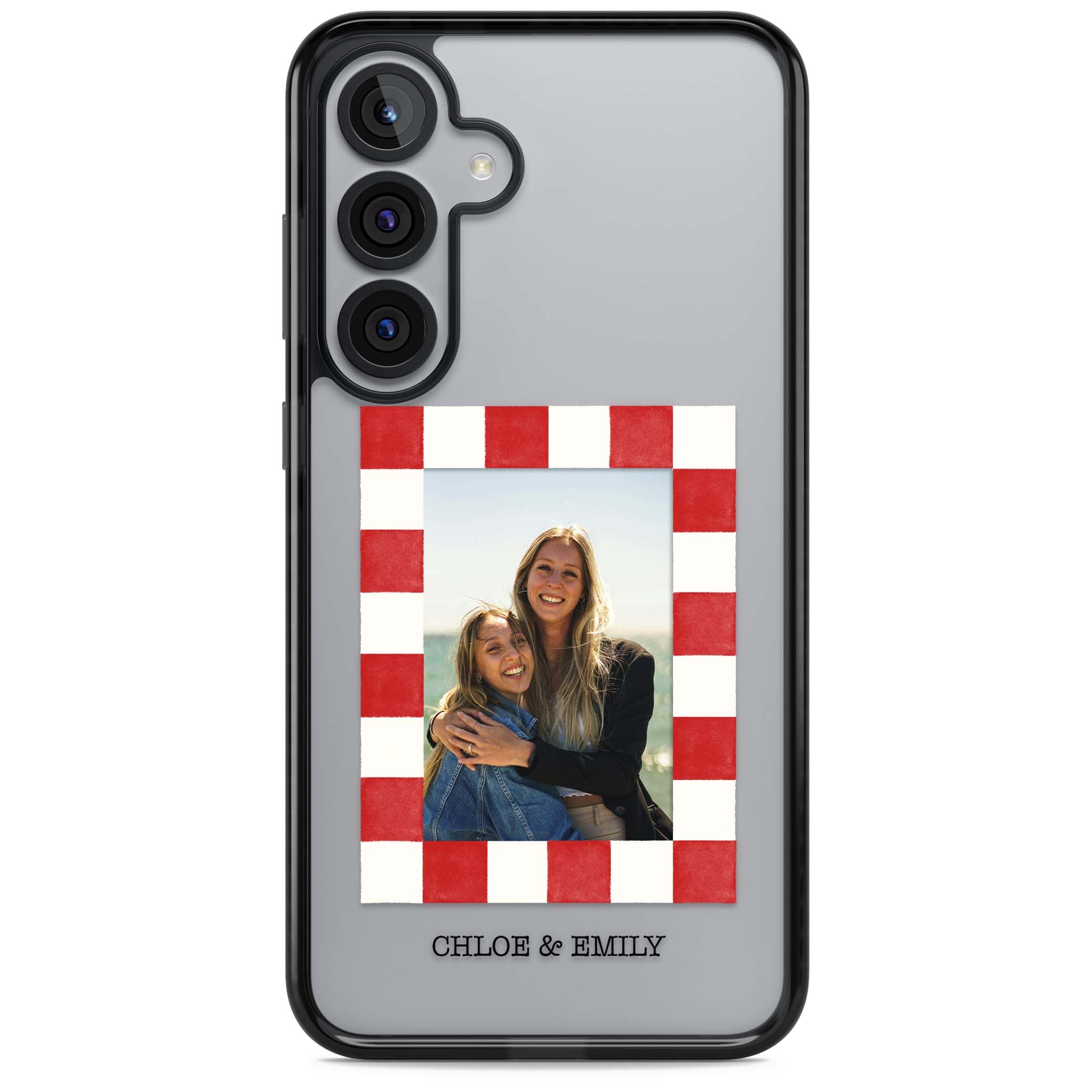 Red Check Photo personalised photo iPhone case with red and white checkered polaroid frame and custom couple name | Black Impact case for Samsung Galaxy S25, Samsung Galaxy S25 Plus