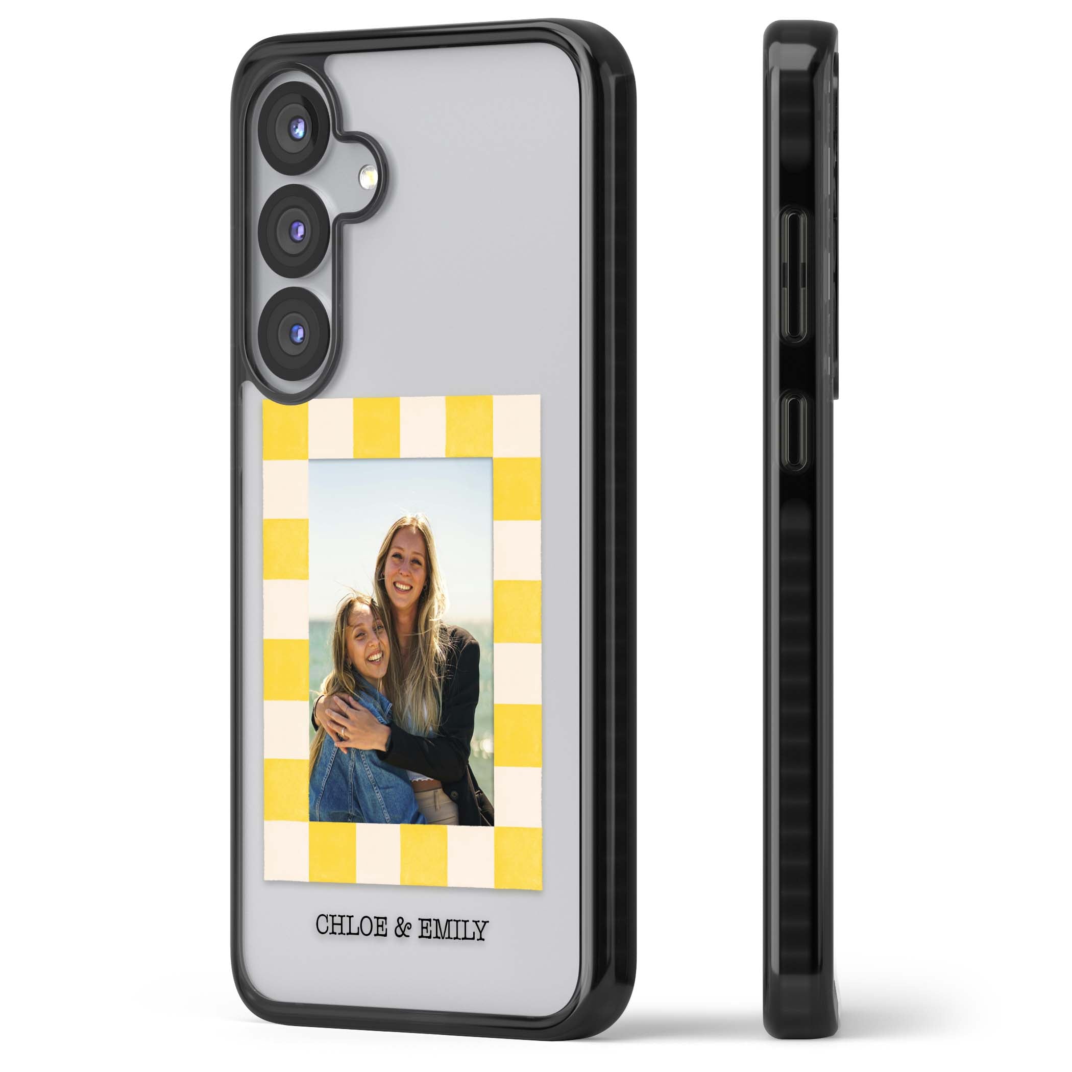 Yellow Check Photo personalised iPhone case with yellow checkered Polaroid frame and custom names beneath | Black Impact case for Samsung Galaxy S25, Samsung Galaxy S25 Plus