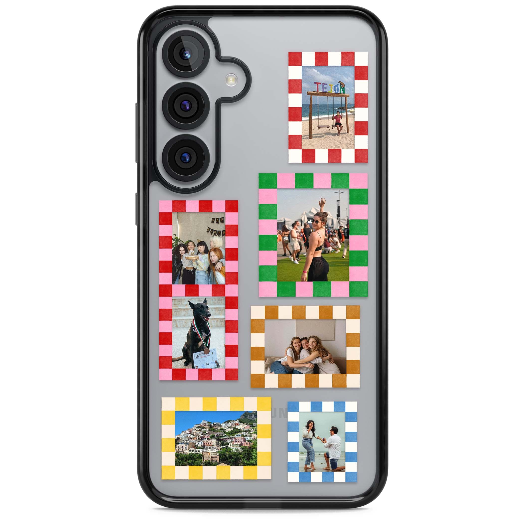 Italian Check Frames custom photo collage iPhone case featuring six checkered photo frames in red, green, pink and  | Black Impact case for Samsung Galaxy S25, Samsung Galaxy S25 Plus