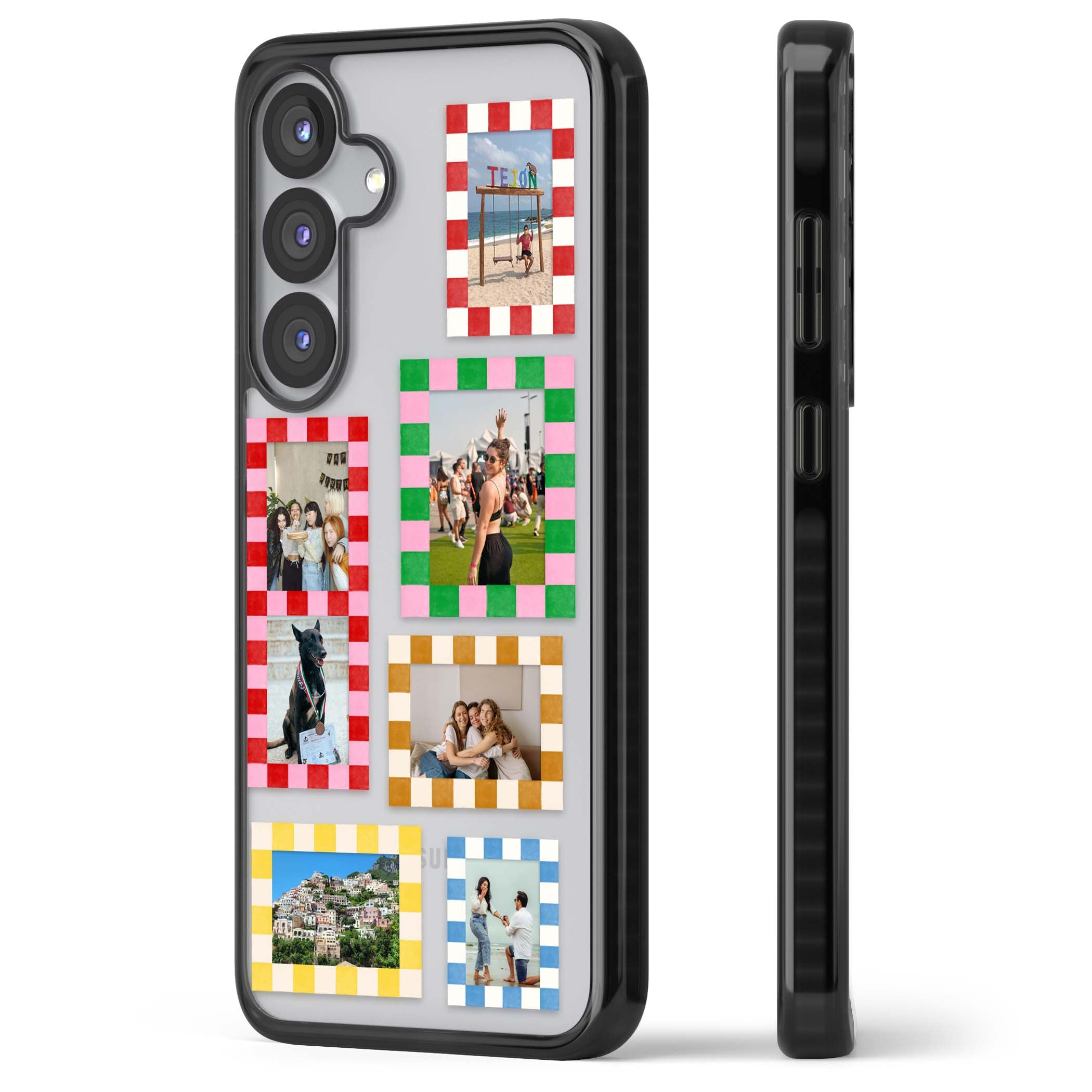 Italian Check Frames custom photo collage iPhone case featuring six checkered photo frames in red, green, pink and  | Black Impact case for Samsung Galaxy S25, Samsung Galaxy S25 Plus