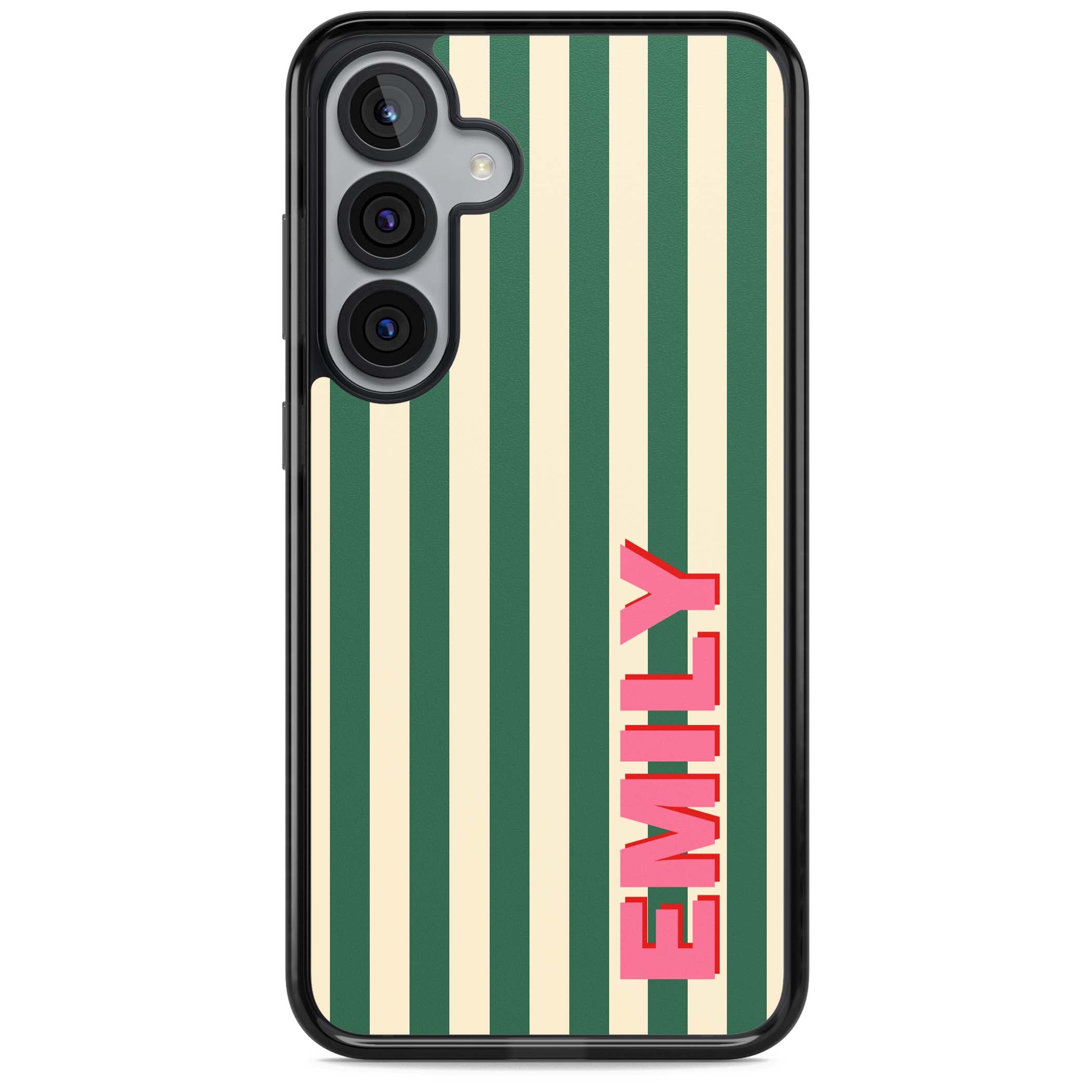 Wimbledon Stripe preppy iPhone case featuring green and cream vertical stripes with a personalised pink name | Black Impact case for Samsung Galaxy S25, Samsung Galaxy S25 Plus