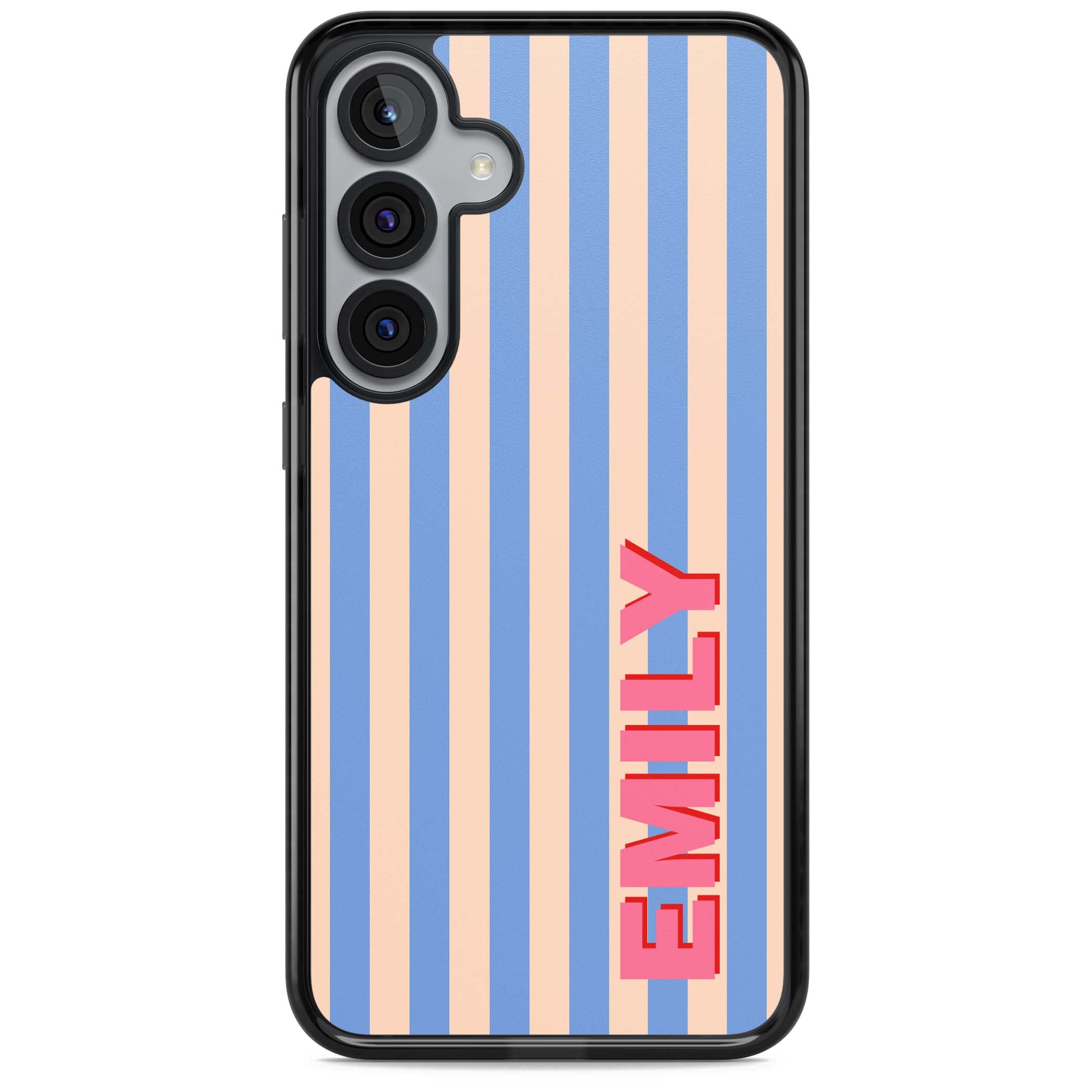 Coastal Stripe personalised coastal iPhone case with blue and peach vertical stripes and custom pink name | Black Impact case for Samsung Galaxy S25, Samsung Galaxy S25 Plus