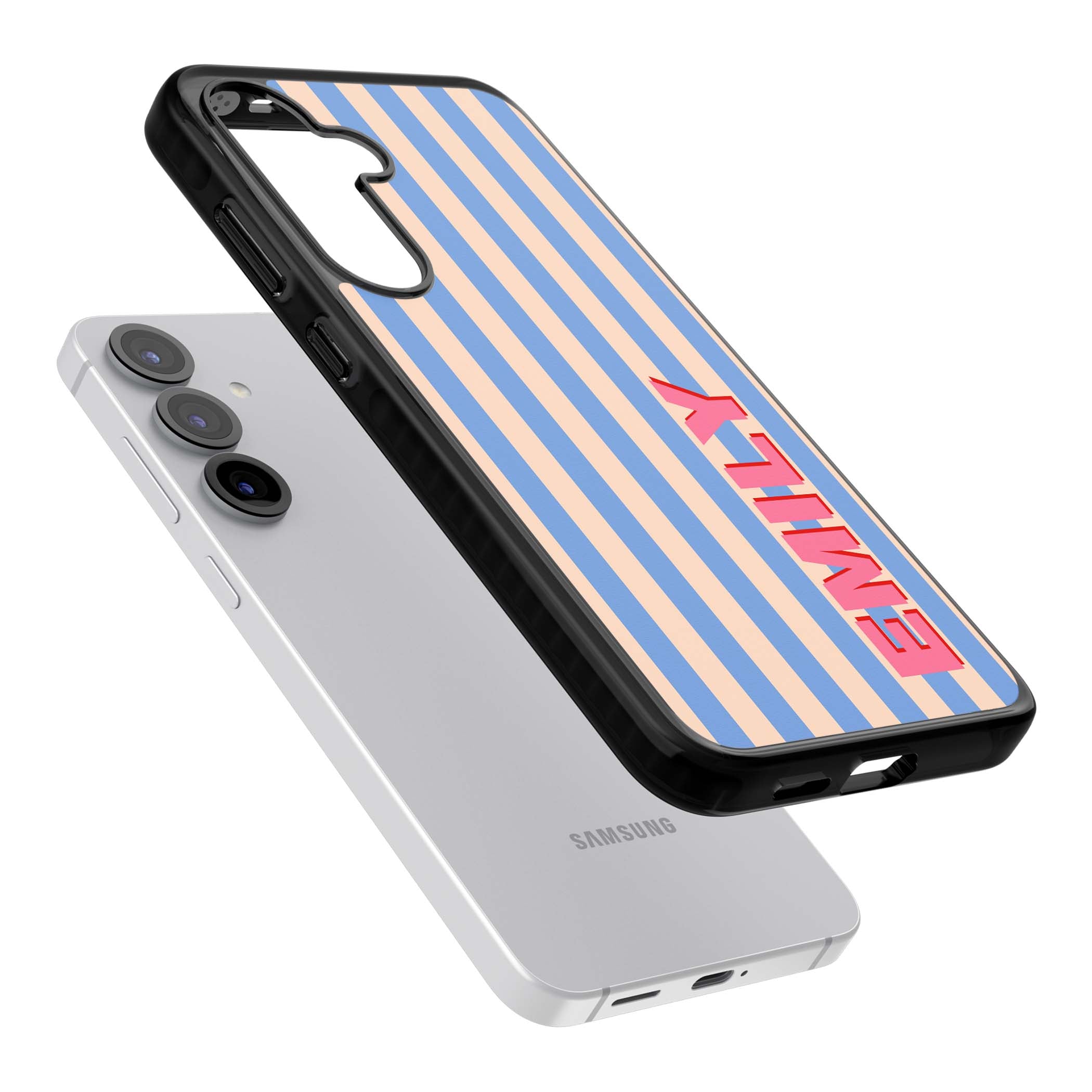 Coastal Stripe personalised coastal iPhone case with blue and peach vertical stripes and custom pink name | Black Impact case for Samsung Galaxy S25, Samsung Galaxy S25 Plus