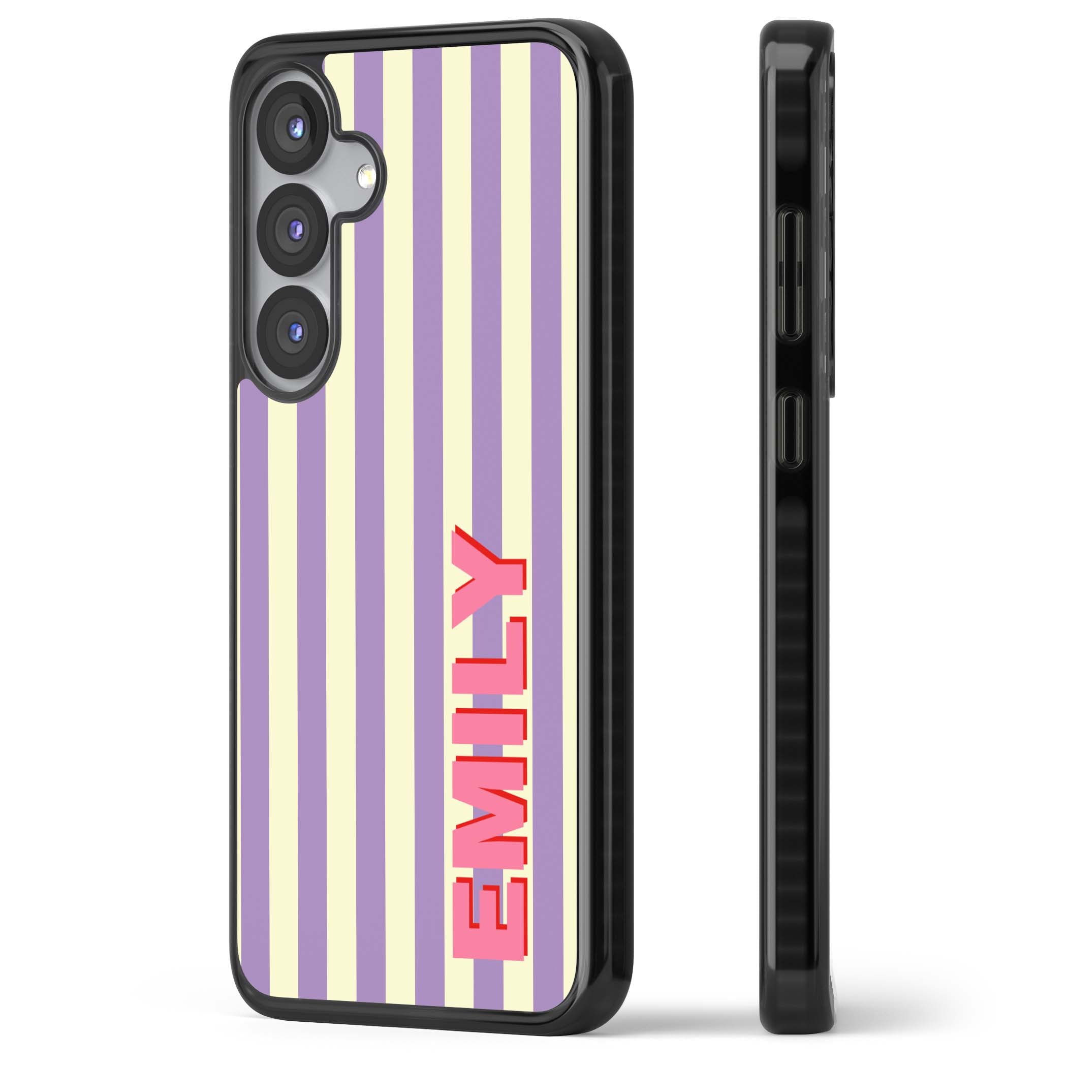 Valensole Stripe personalised iPhone case with purple and cream vertical stripes and pink custom name | Black Impact case for Samsung Galaxy S25, Samsung Galaxy S25 Plus