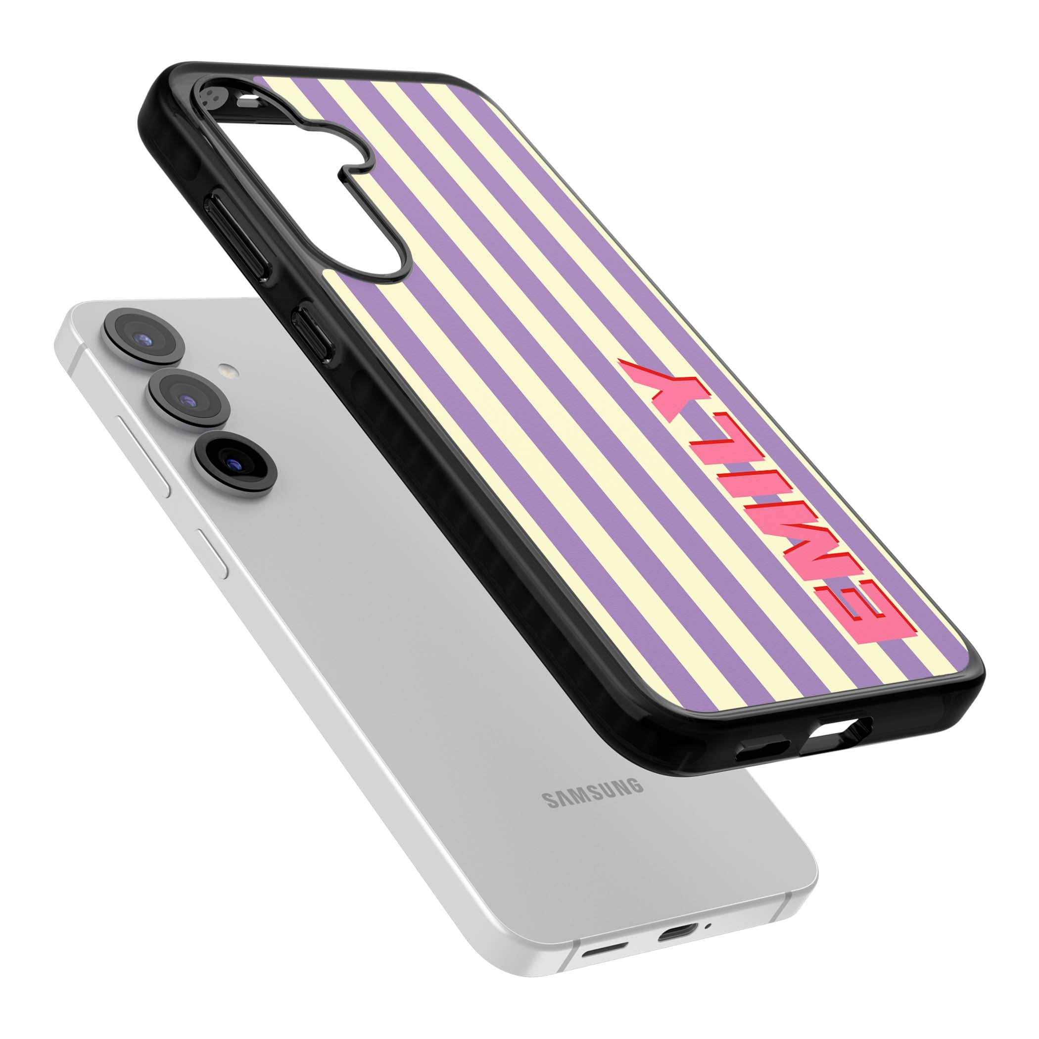 Valensole Stripe personalised iPhone case with purple and cream vertical stripes and pink custom name | Black Impact case for Samsung Galaxy S25, Samsung Galaxy S25 Plus