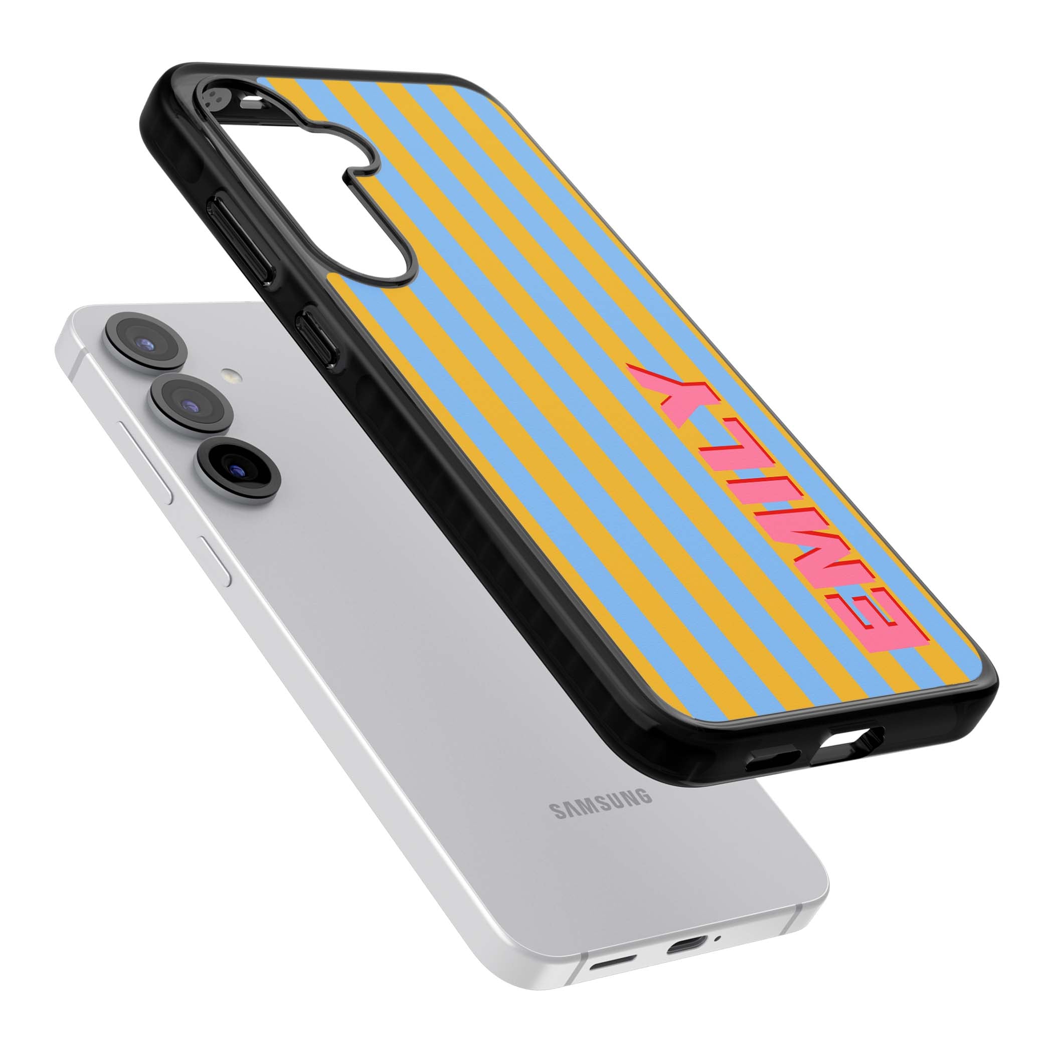 Carribean Stripe personalised coastal iPhone case with yellow and blue vertical stripes and a custom pink name | Black Impact case for Samsung Galaxy S25, Samsung Galaxy S25 Plus