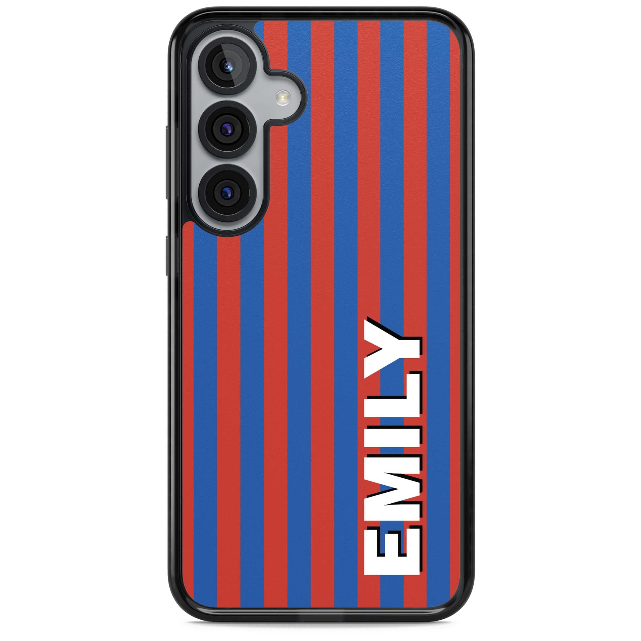 Cuban Stripe personalised iPhone case featuring red and blue vertical stripes with custom name in bold white letters | Black Impact case for Samsung Galaxy S25, Samsung Galaxy S25 Plus