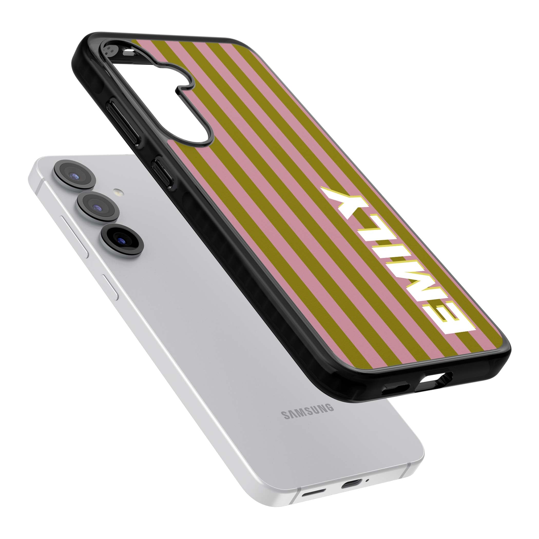 Istanbul Stripe personalised iPhone case featuring pink and olive green vertical stripes with a custom vertical name | Black Impact case for Samsung Galaxy S25, Samsung Galaxy S25 Plus