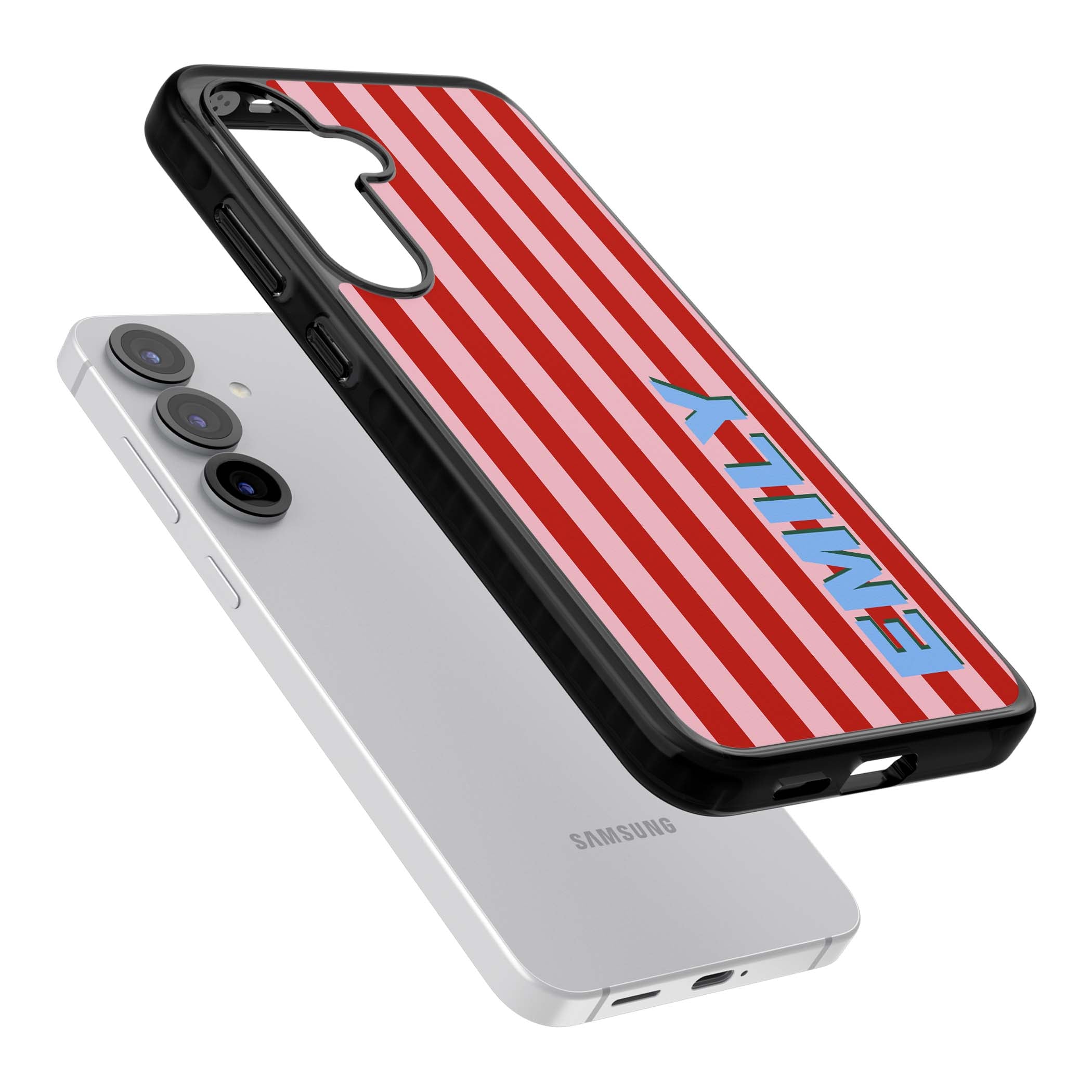 Market Stripe personalised iPhone case with red and pink vertical stripes and custom blue name | Black Impact case for Samsung Galaxy S25, Samsung Galaxy S25 Plus