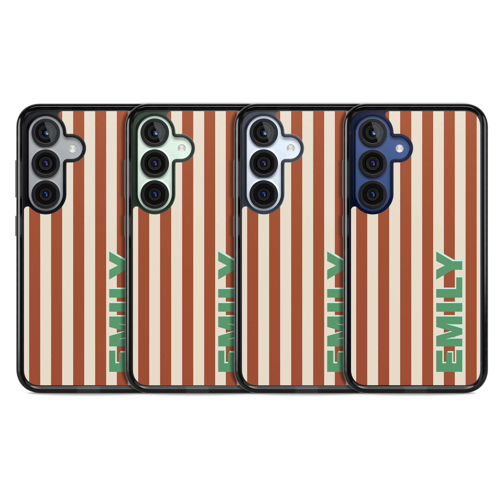 Dune Stripe personalised iPhone case with rust and cream vertical stripes and custom name in mint green | Black Impact case for Samsung Galaxy S25, Samsung Galaxy S25 Plus