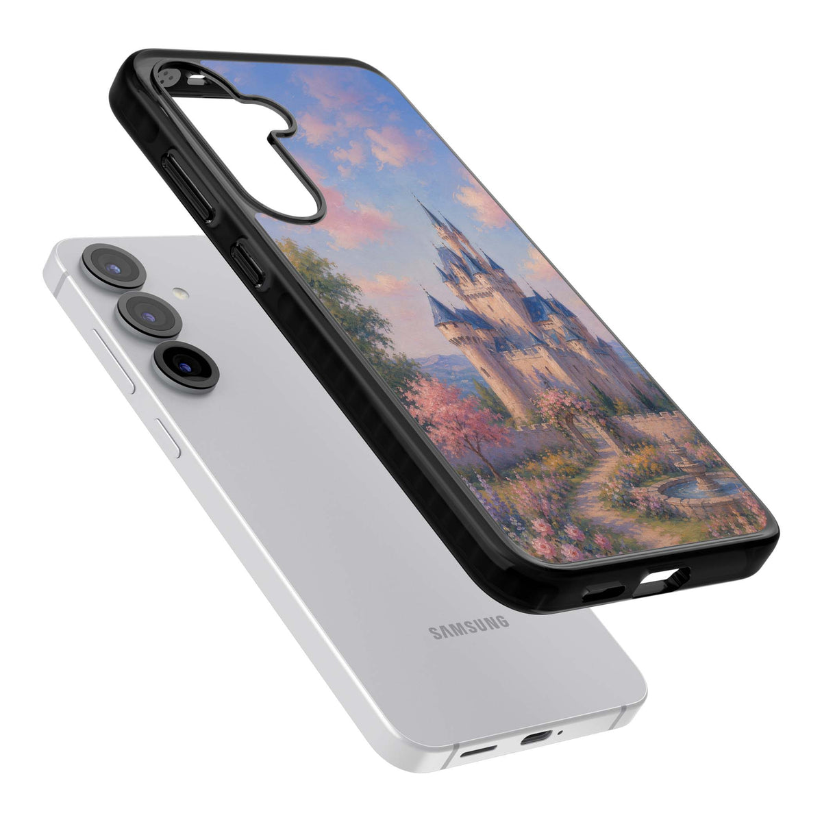 Enchanted Kingdom fairytale iPhone case featuring a romantic castle painting with cherry blossoms and pastel pink sky | Black Impact case for Samsung Galaxy S25, Samsung Galaxy S25 Plus