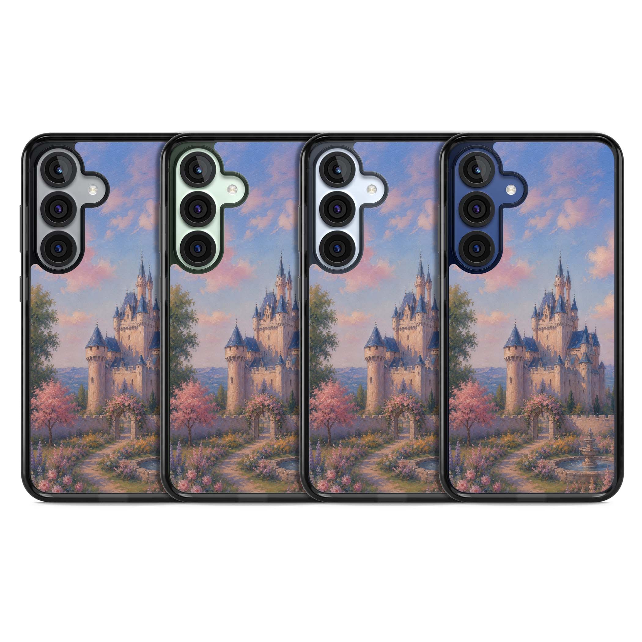 Enchanted Kingdom fairytale iPhone case featuring a romantic castle painting with cherry blossoms and pastel pink sky | Black Impact case for Samsung Galaxy S25, Samsung Galaxy S25 Plus