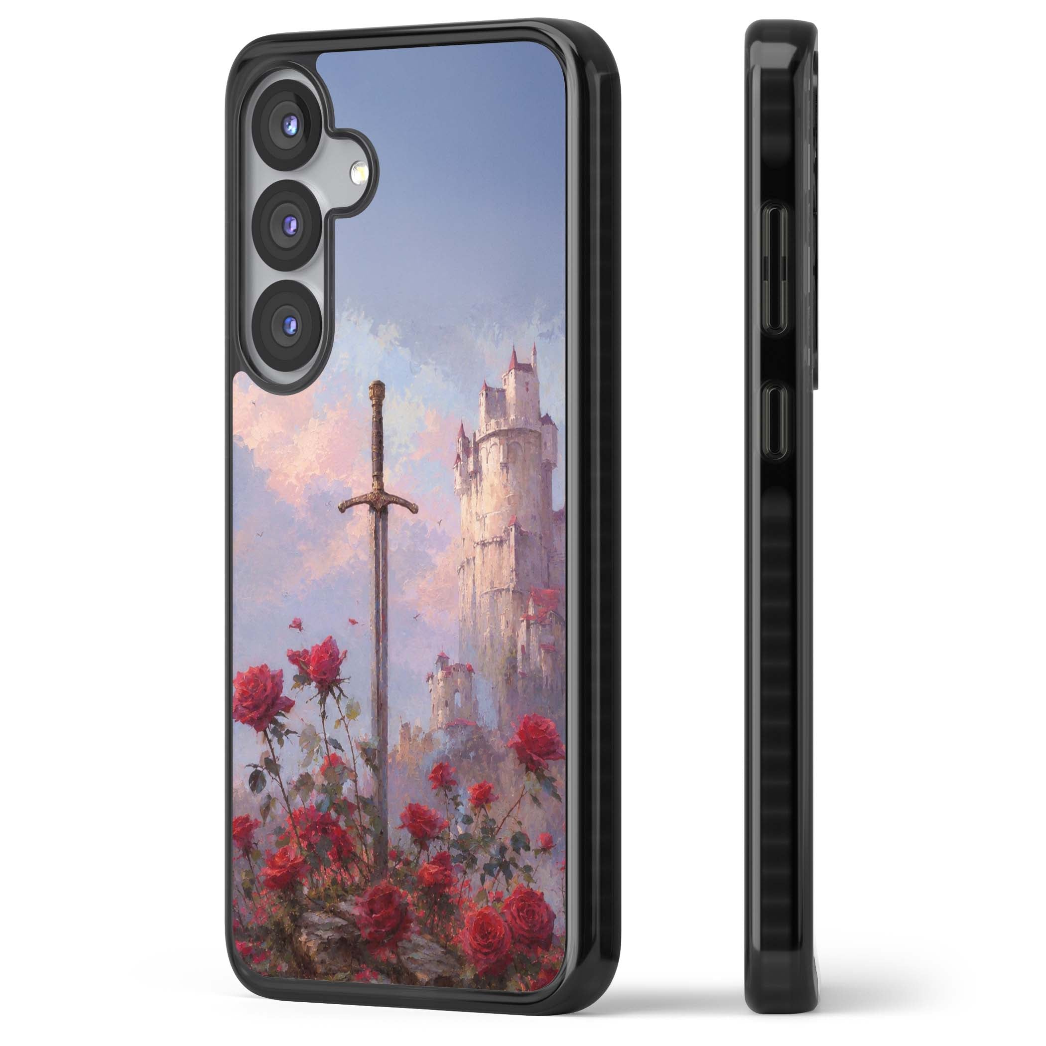 Sword in Roses medieval art iPhone case featuring a sword, red roses, and a misty fairytale castle at sunset | Black Impact case for Samsung Galaxy S25, Samsung Galaxy S25 Plus