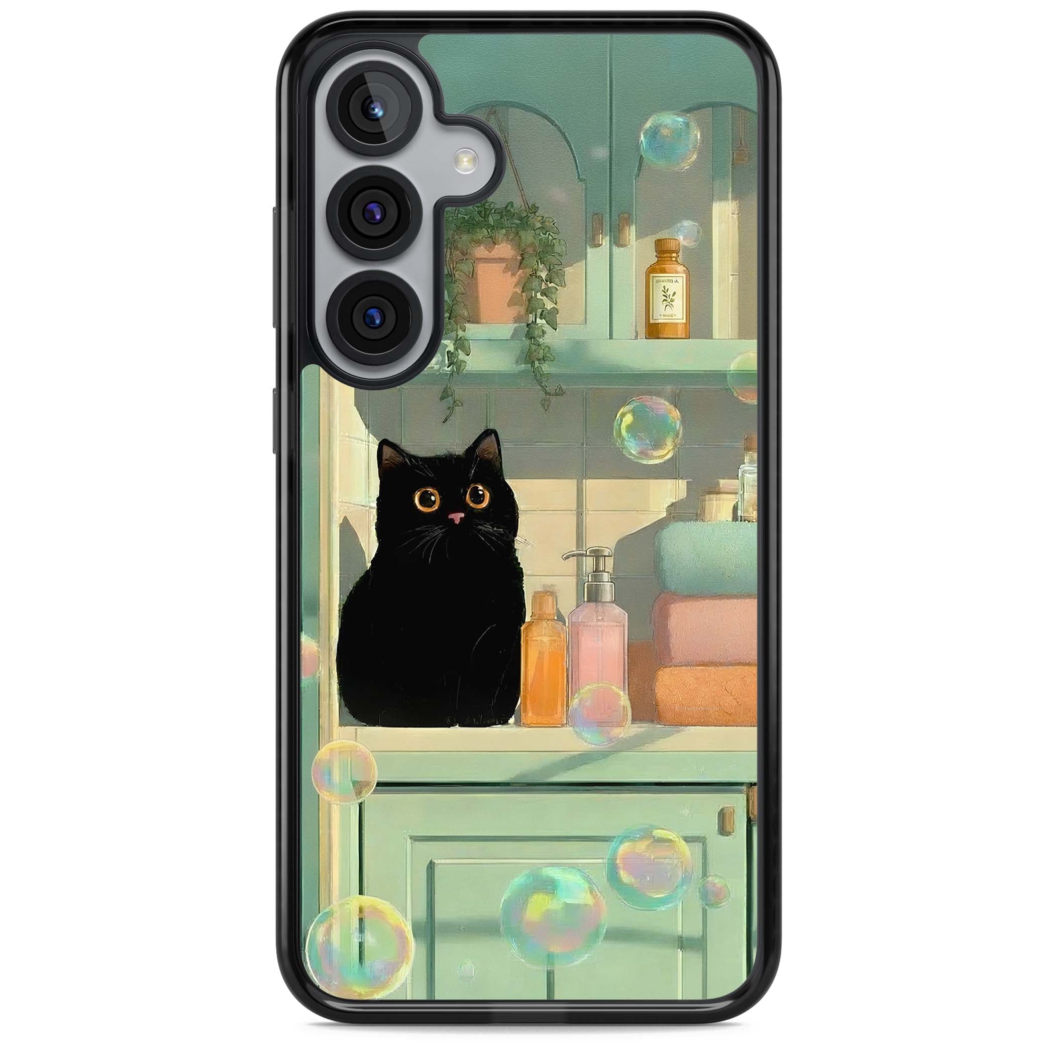 Bathroom Bubble Kitty cottagecore iPhone case featuring a black cat, mint bathroom scene and floating soap bubbles | Black Impact case for Samsung Galaxy S25, Samsung Galaxy S25 Plus