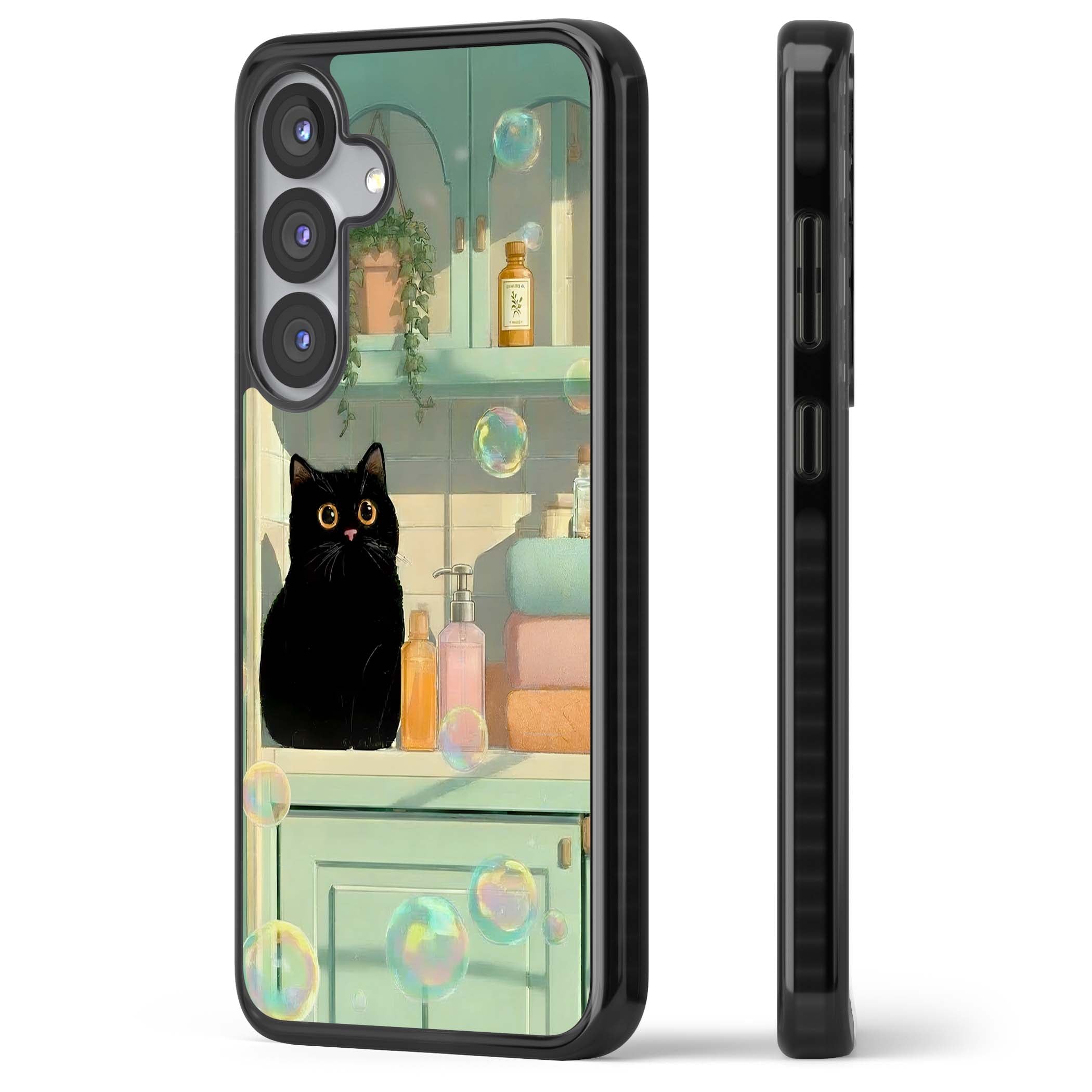 Bathroom Bubble Kitty cottagecore iPhone case featuring a black cat, mint bathroom scene and floating soap bubbles | Black Impact case for Samsung Galaxy S25, Samsung Galaxy S25 Plus
