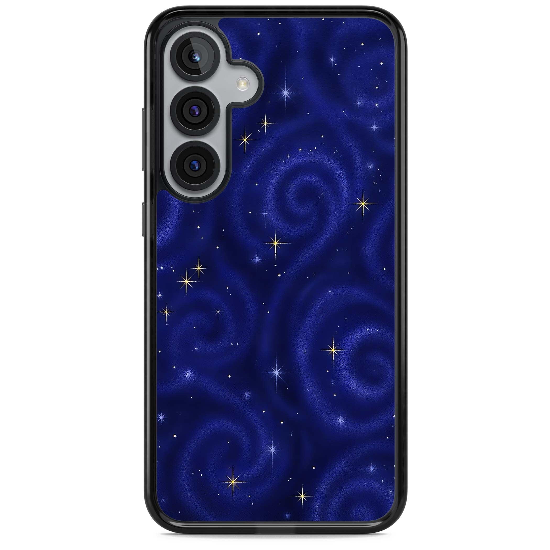 Indigo Cosmos celestial iPhone case featuring swirling navy night sky and sparkling golden stars | Black Impact case for Samsung Galaxy S25, Samsung Galaxy S25 Plus