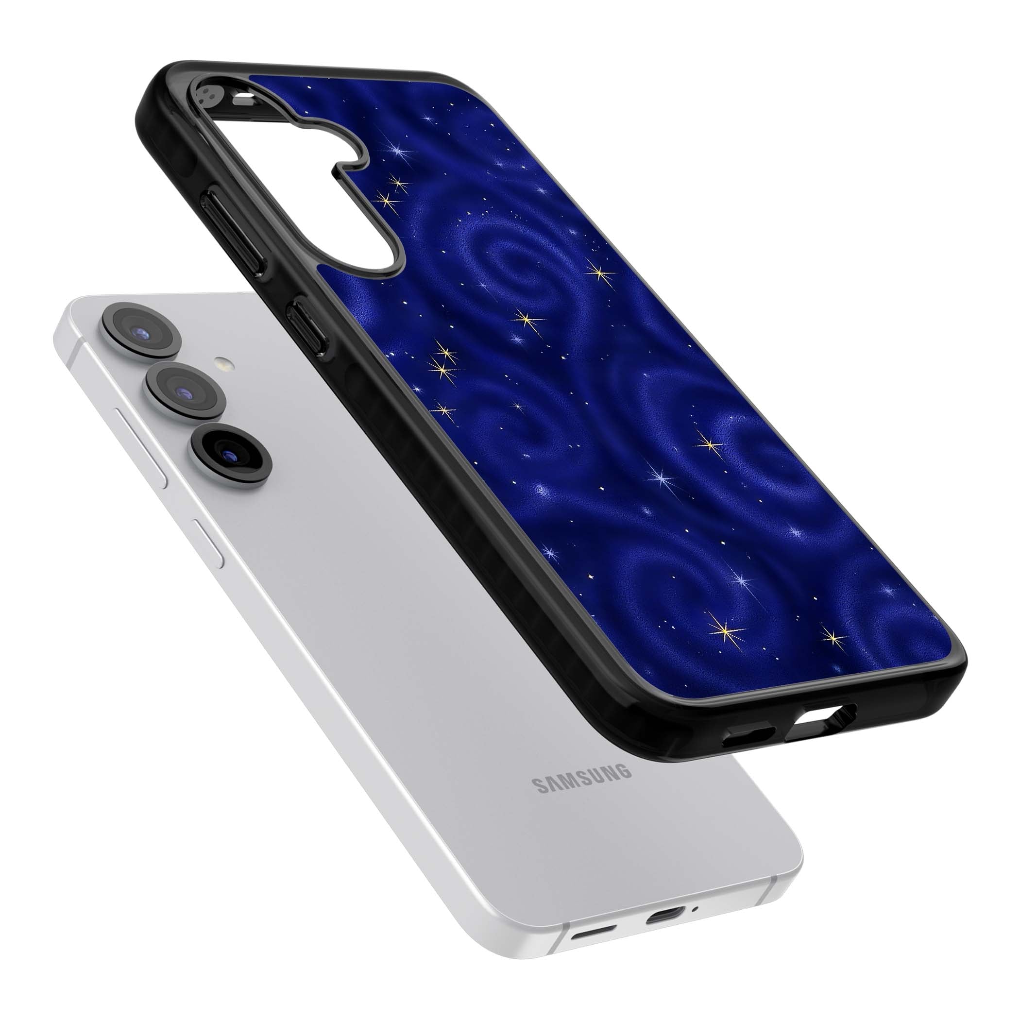 Indigo Cosmos celestial iPhone case featuring swirling navy night sky and sparkling golden stars | Black Impact case for Samsung Galaxy S25, Samsung Galaxy S25 Plus