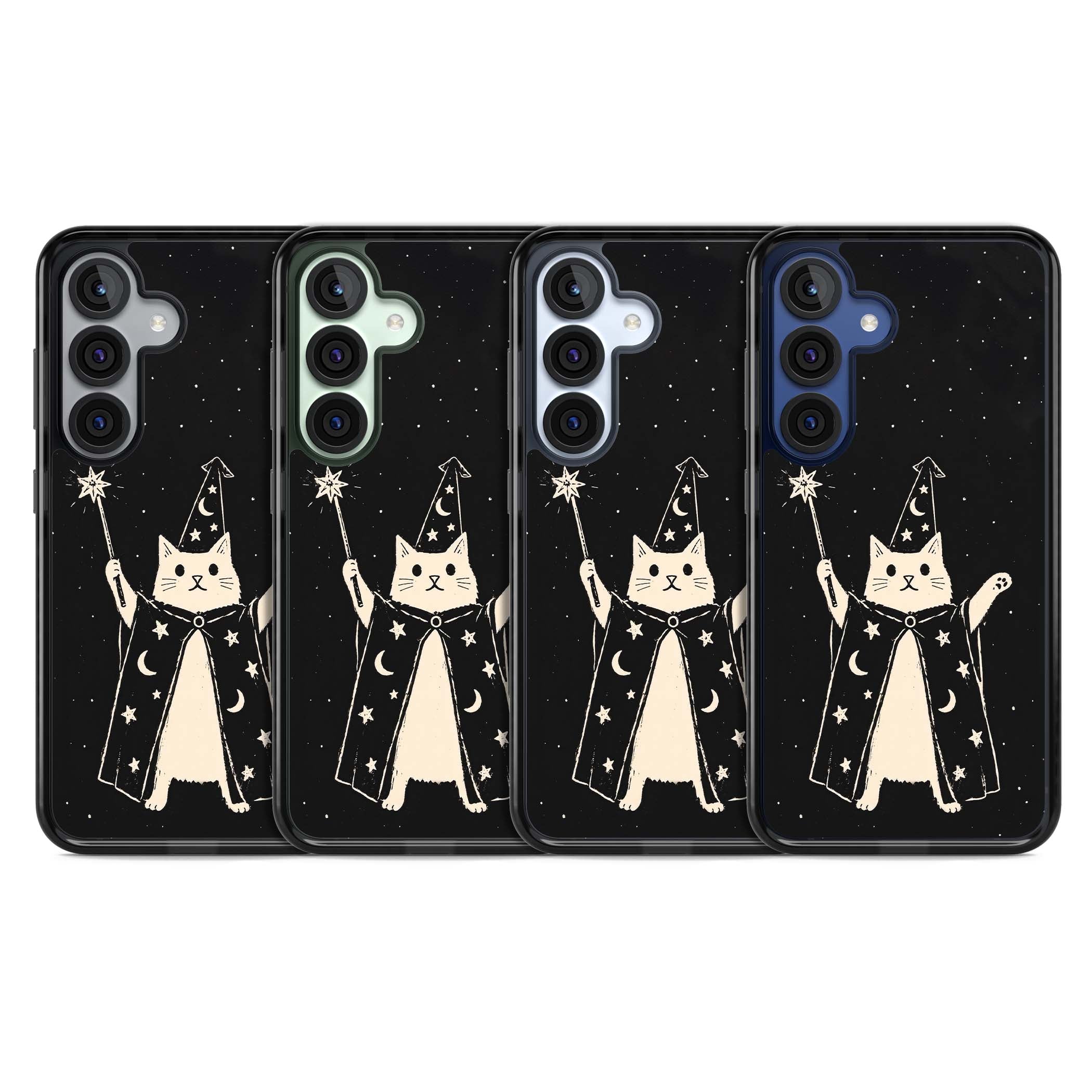 Whisker Wizard celestial cat iPhone case featuring a wizard cat with magic wand, starry night sky and crescent moons | Black Impact case for Samsung Galaxy S25, Samsung Galaxy S25 Plus