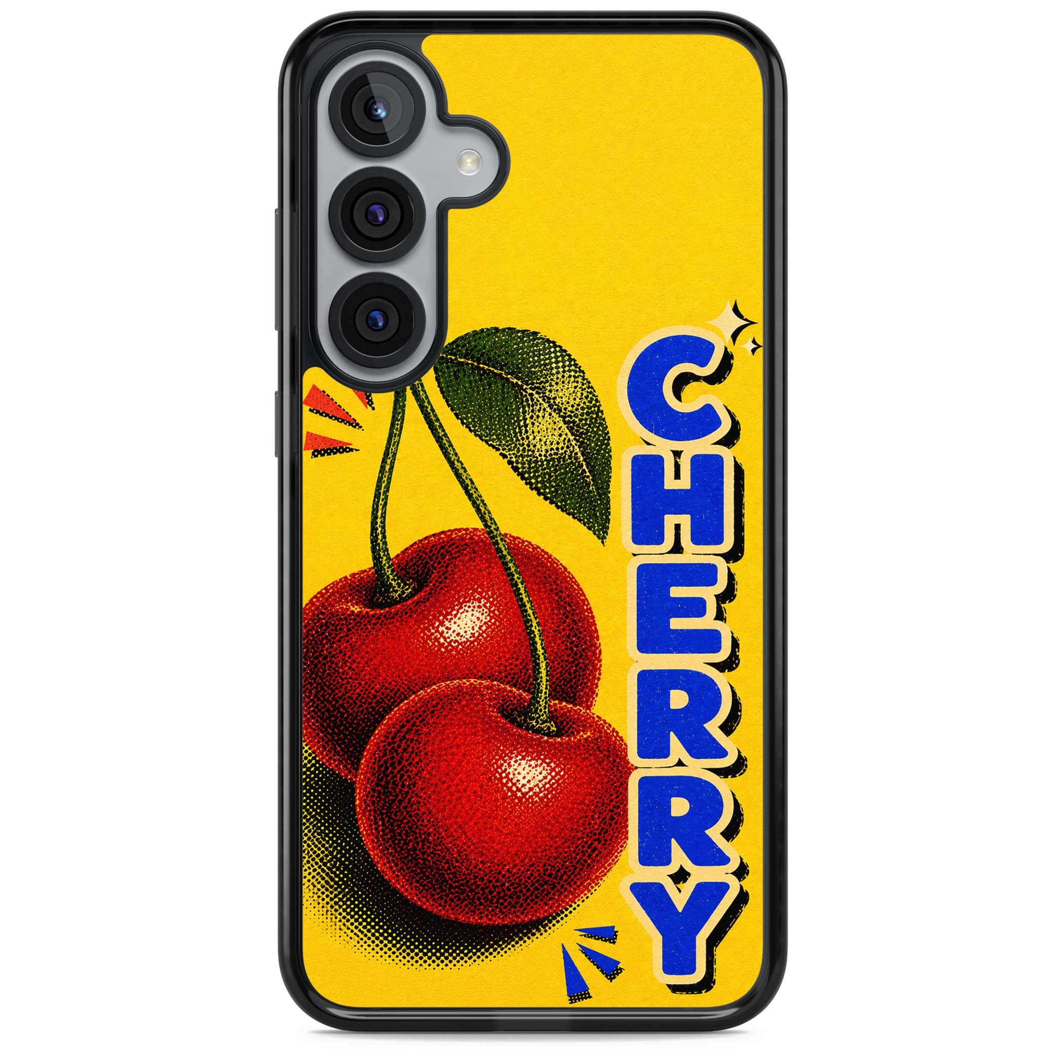 Cherry Yellow y2k iPhone case featuring two red cherries, halftone shading and bold blue CHERRY lettering on yellow | Black Impact case for Samsung Galaxy S25, Samsung Galaxy S25 Plus
