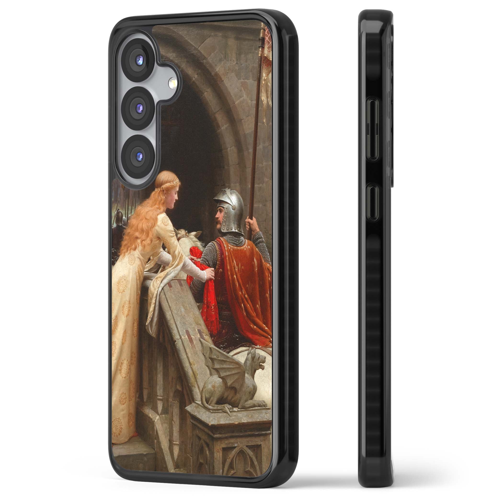 God Speed fine art iPhone case featuring Edmund Blair Leighton's medieval knight and lady beneath a stone archway | Black Impact case for Samsung Galaxy S25, Samsung Galaxy S25 Plus