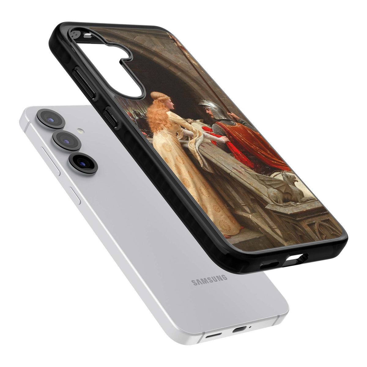 God Speed fine art iPhone case featuring Edmund Blair Leighton's medieval knight and lady beneath a stone archway | Black Impact case for Samsung Galaxy S25, Samsung Galaxy S25 Plus