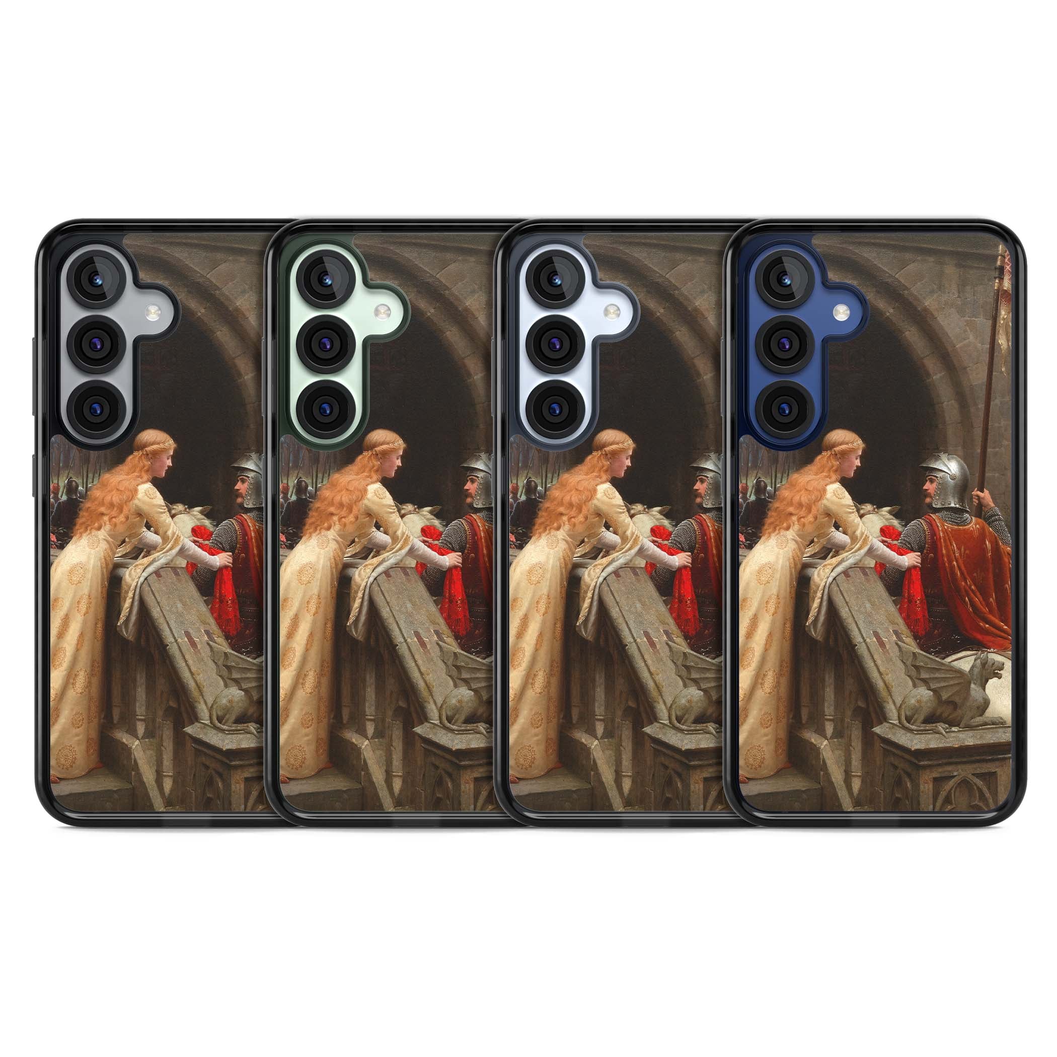 God Speed fine art iPhone case featuring Edmund Blair Leighton's medieval knight and lady beneath a stone archway | Black Impact case for Samsung Galaxy S25, Samsung Galaxy S25 Plus