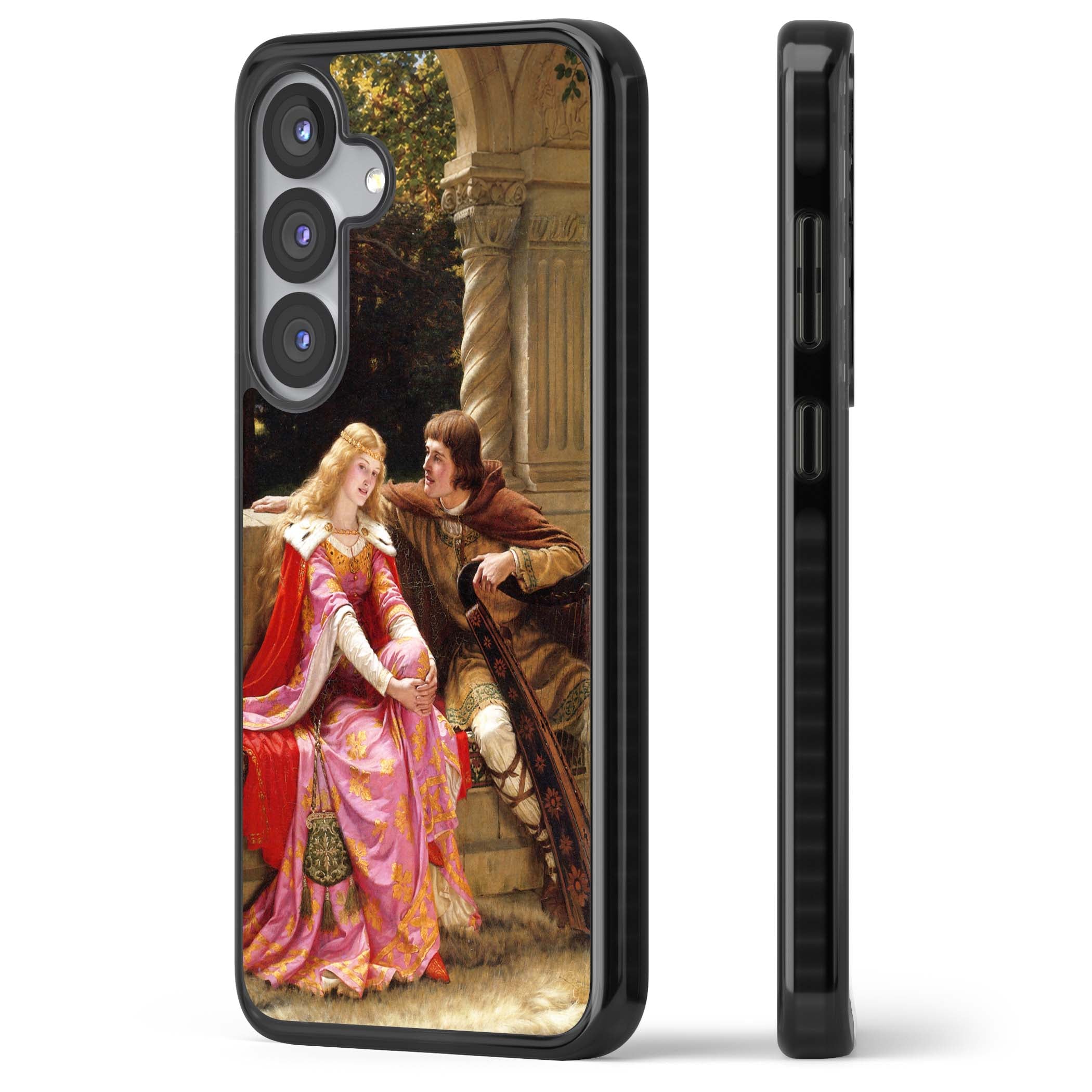 The End of the Song classic art iPhone case featuring a medieval lady in pink gown and her knight in a stone archway | Black Impact case for Samsung Galaxy S25, Samsung Galaxy S25 Plus