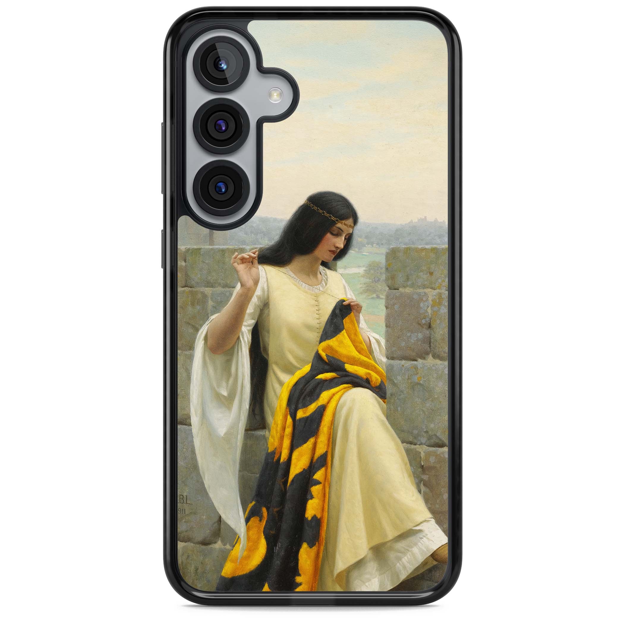 Stitching the Standard renaissance art iPhone case featuring a medieval lady sewing a golden banner on a castle wall | Black Impact case for Samsung Galaxy S25, Samsung Galaxy S25 Plus