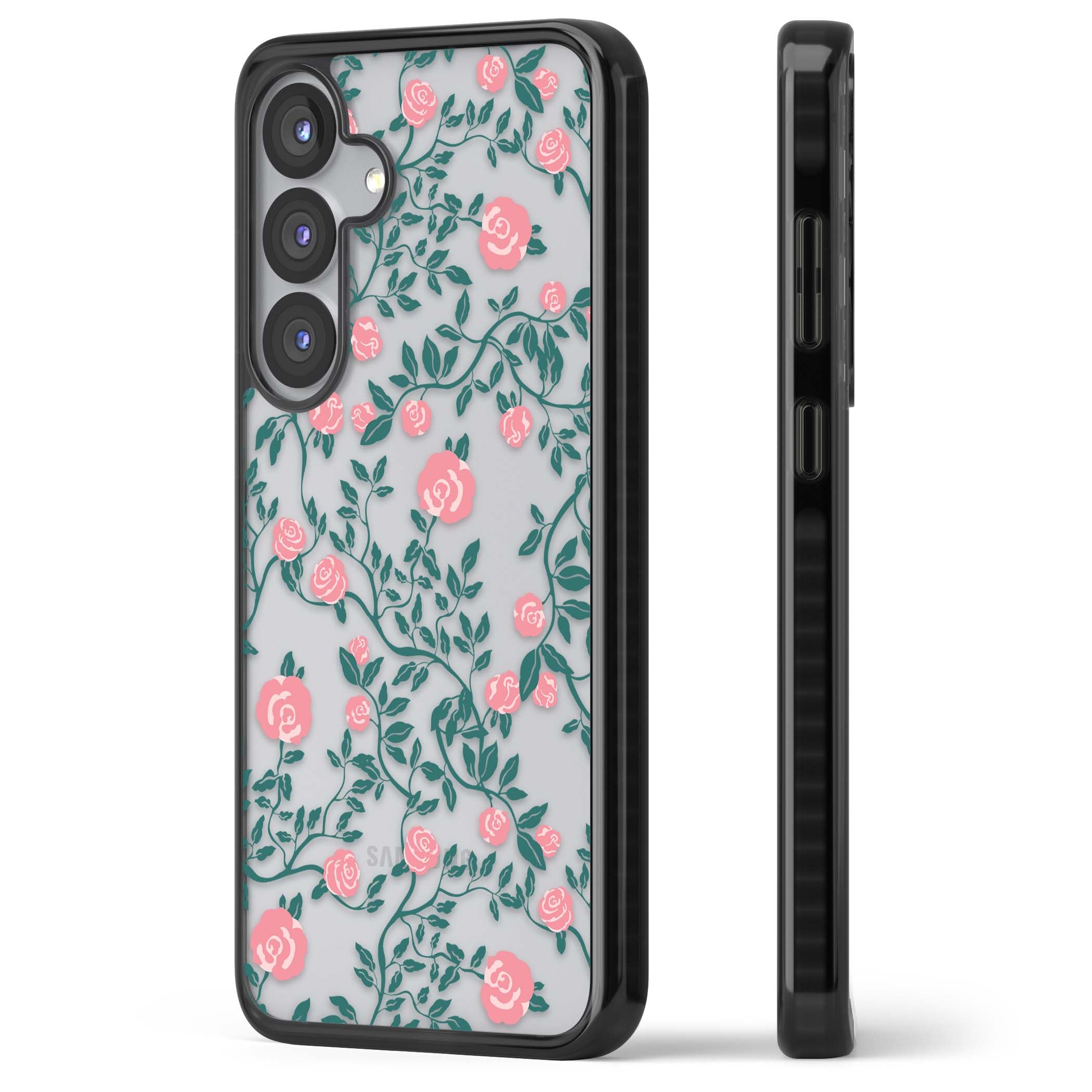 Rose Trellis (Clear) cottagecore iPhone case featuring pink climbing roses and green leaves on clear background | Black Impact case for Samsung Galaxy S25, Samsung Galaxy S25 Plus