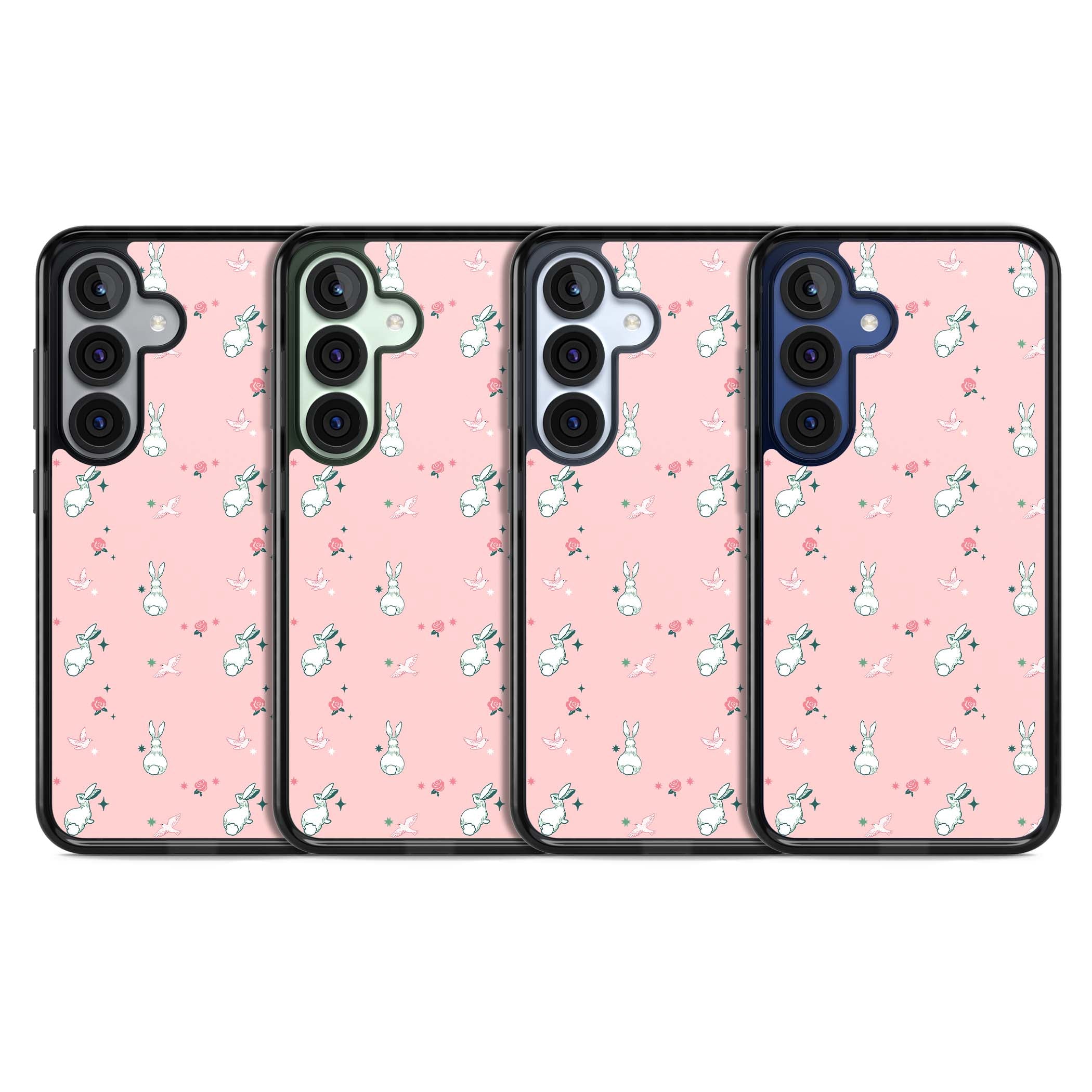 Bunny Garden kawaii iPhone case featuring white rabbits, pink roses, doves and stars on pink background | Black Impact case for Samsung Galaxy S25, Samsung Galaxy S25 Plus