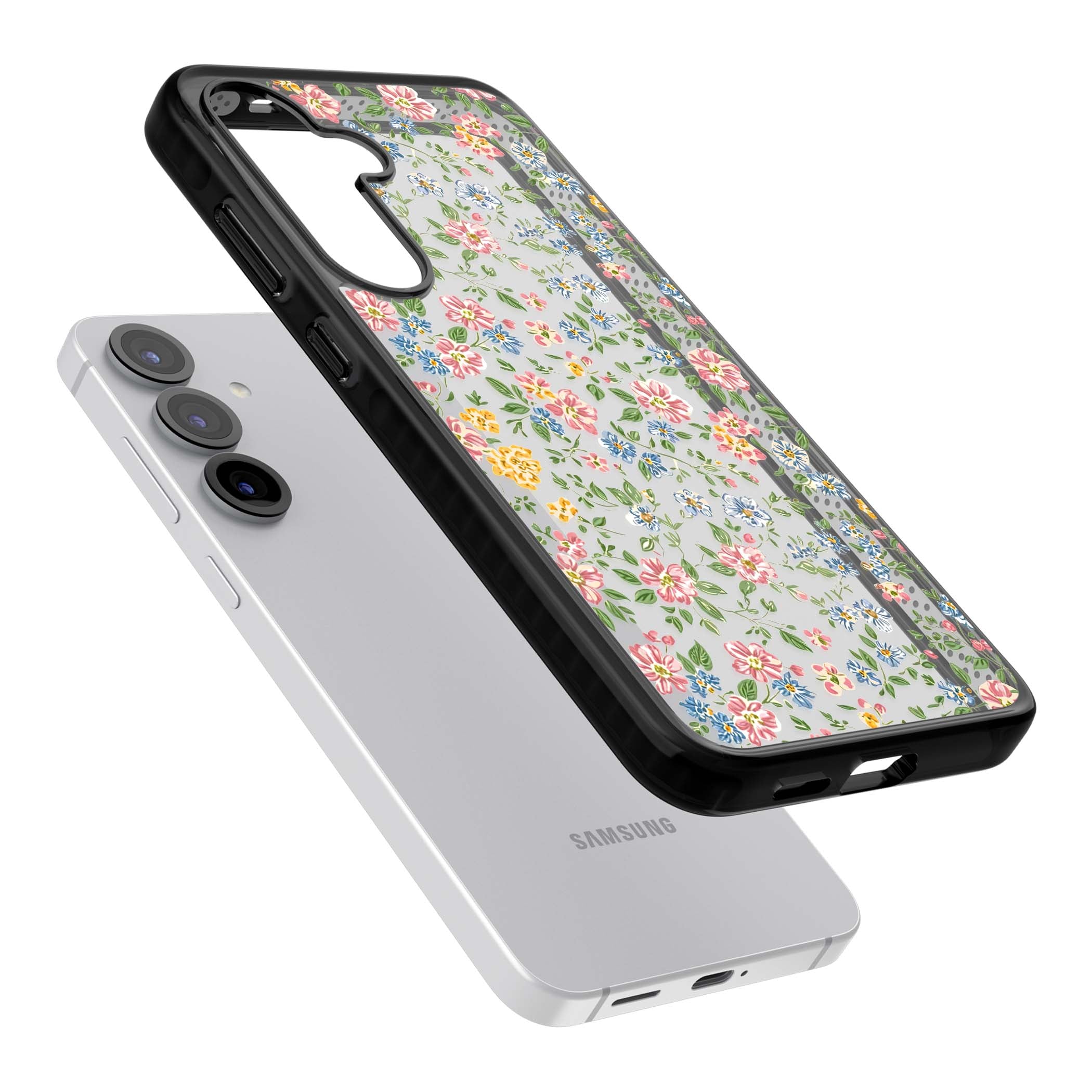 Soft Meadow cottagecore iPhone case featuring pink cosmos, blue forget-me-nots, yellow buttercups and green leaves sca | Black Impact case for Samsung Galaxy S25, Samsung Galaxy S25 Plus