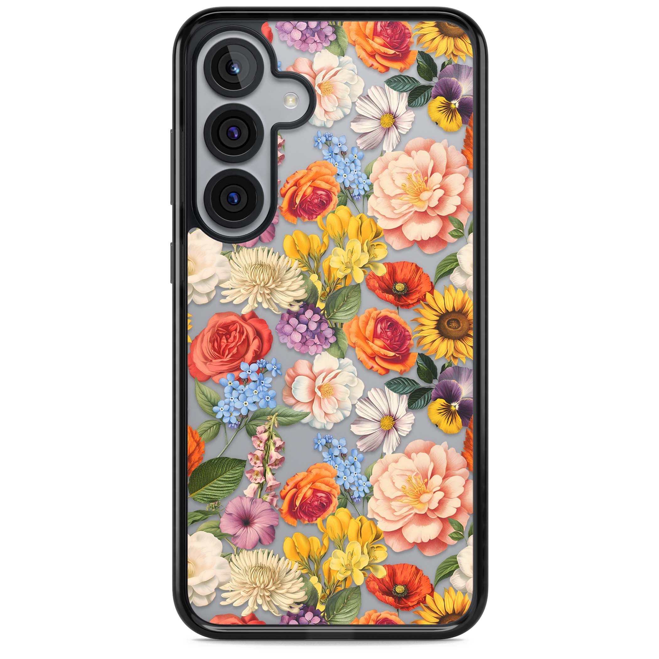 Bloom Basket floral iPhone case featuring cottage garden flowers including peonies, sunflowers, and wildflowers in pastel col | Black Impact case for Samsung Galaxy S25, Samsung Galaxy S25 Plus