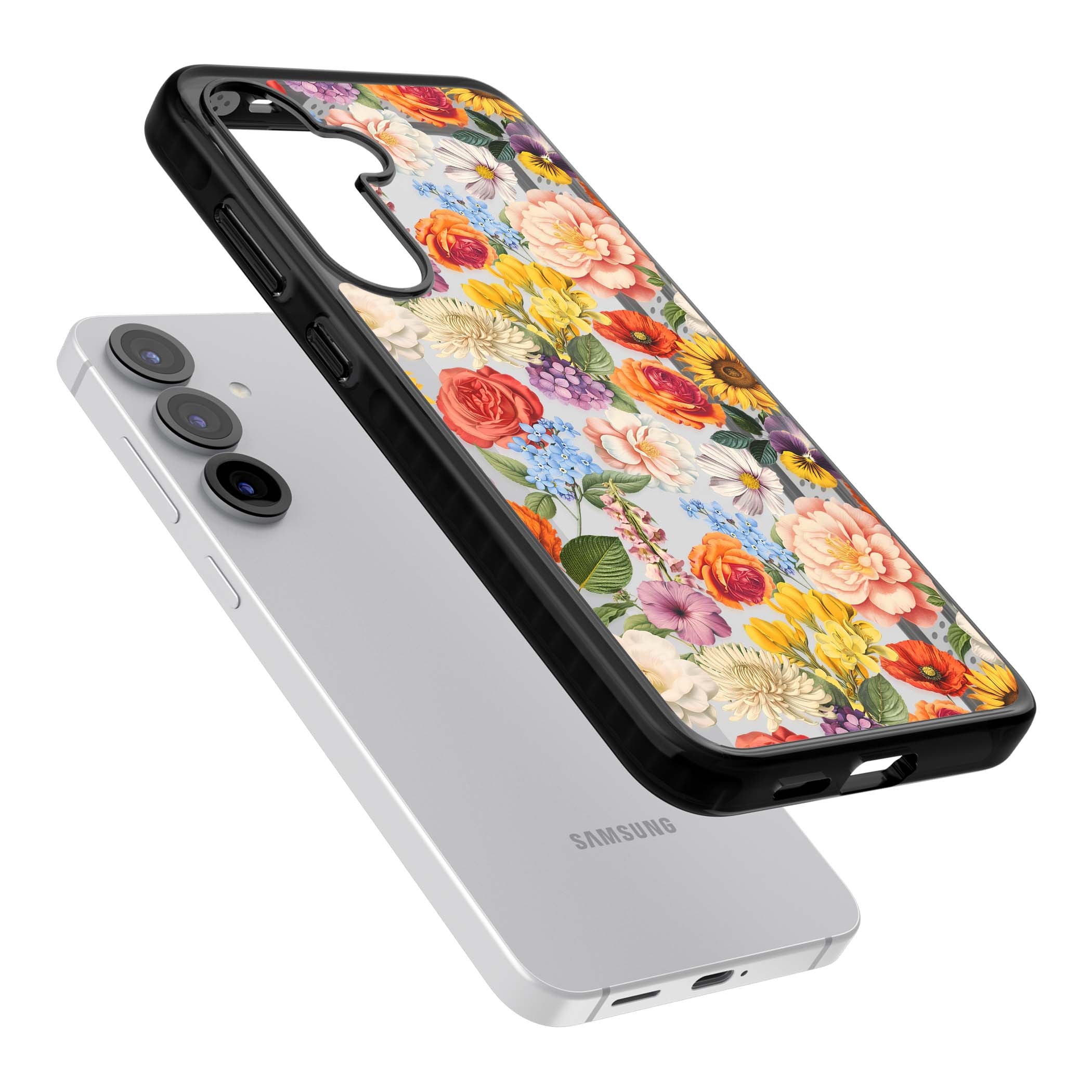 Bloom Basket floral iPhone case featuring cottage garden flowers including peonies, sunflowers, and wildflowers in pastel col | Black Impact case for Samsung Galaxy S25, Samsung Galaxy S25 Plus