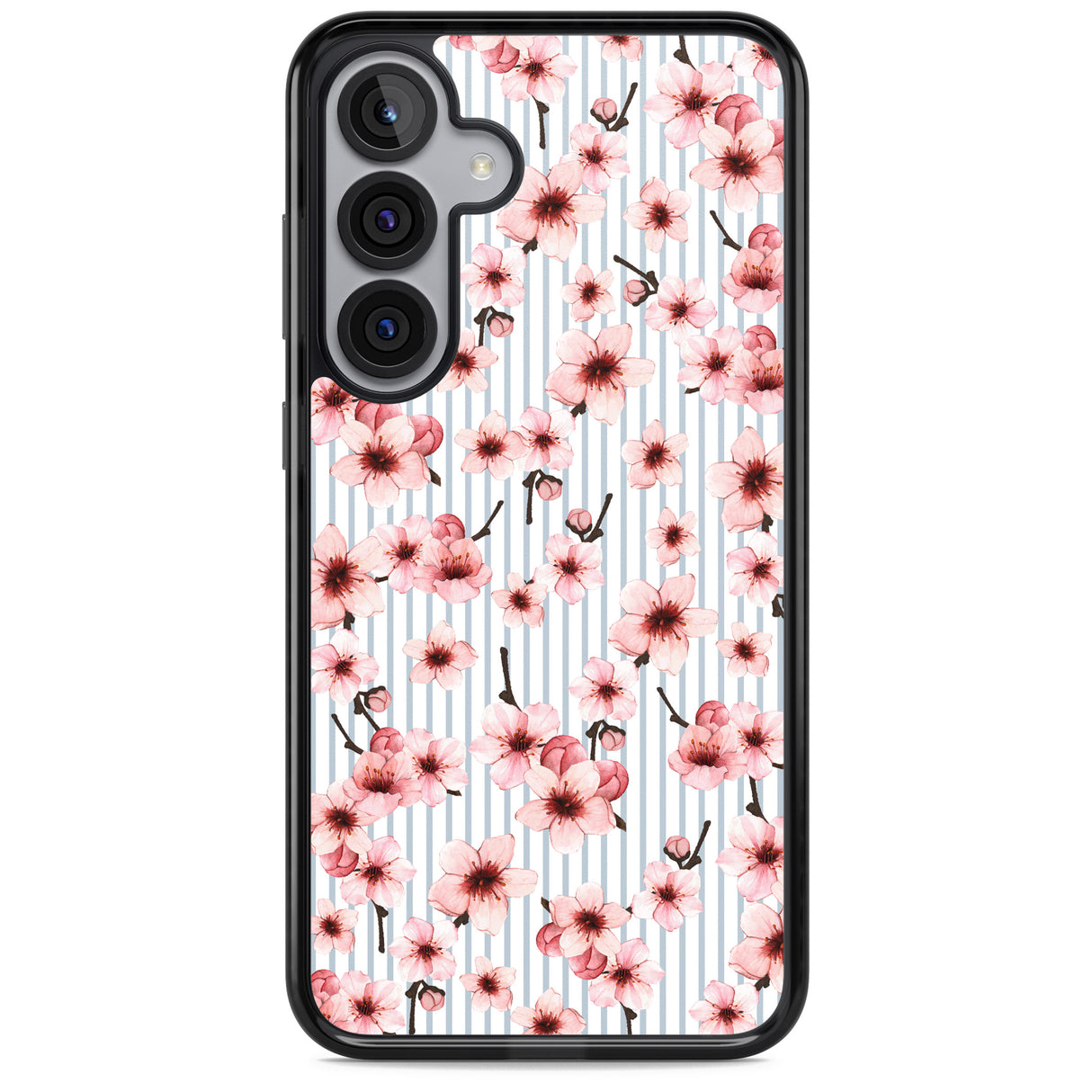 Cherry Blossoms on Blue Stripes Pattern