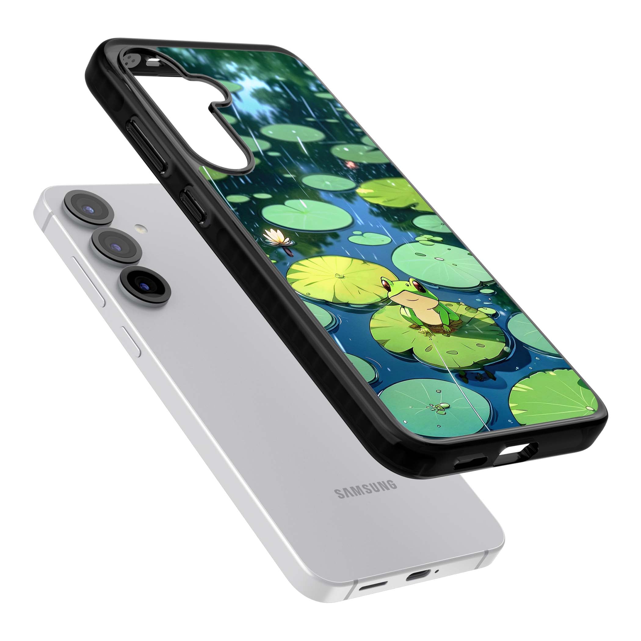 Frog In Lily Pond cottagecore iPhone case featuring a cute green frog on a lily pad with falling rain and a lotus flower | Black Impact case for Samsung Galaxy S25, Samsung Galaxy S25 Plus