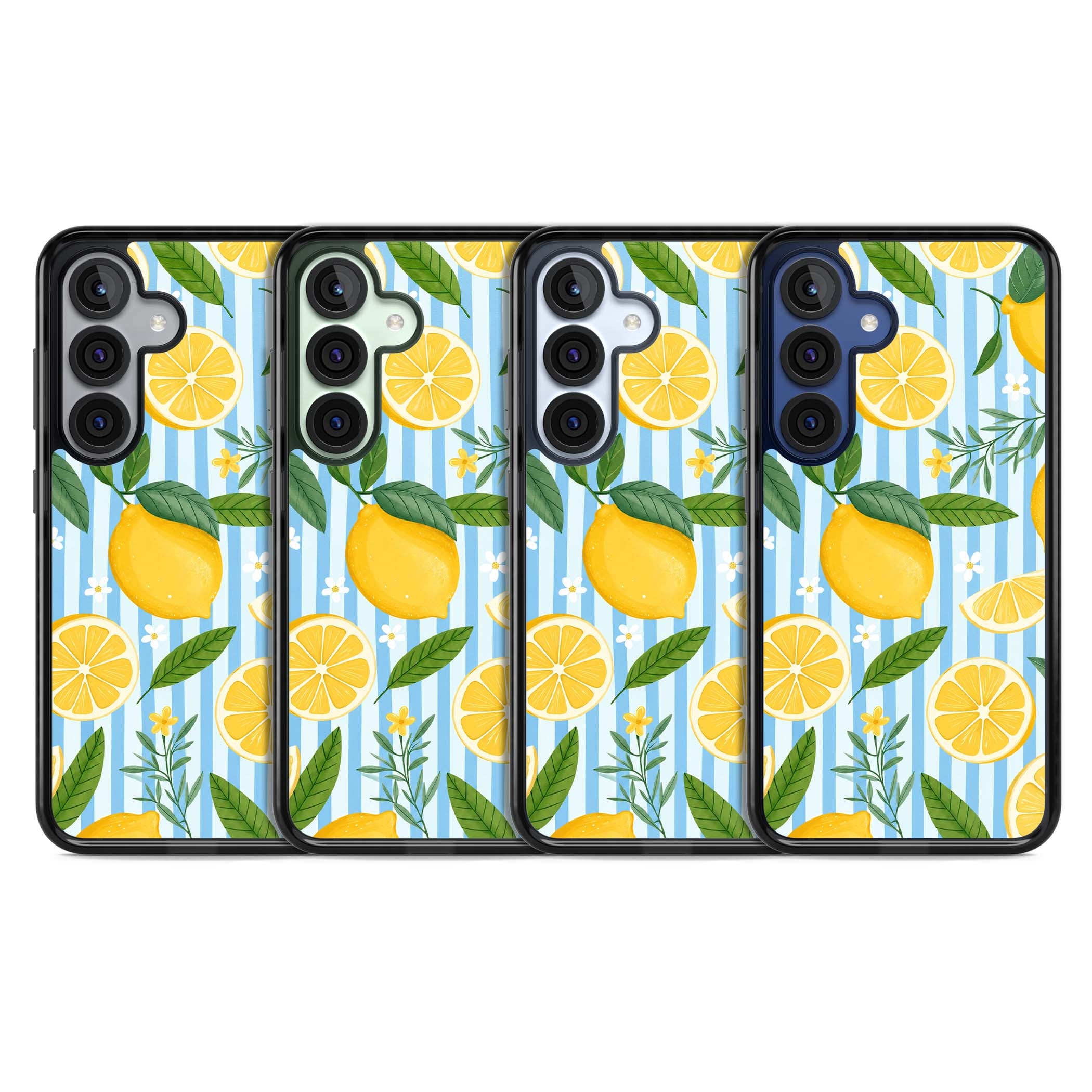 Capri Citrus Stripe coastal iPhone case featuring yellow lemons, blue stripes, and white daisy blossoms | Black Impact case for Samsung Galaxy S25, Samsung Galaxy S25 Plus