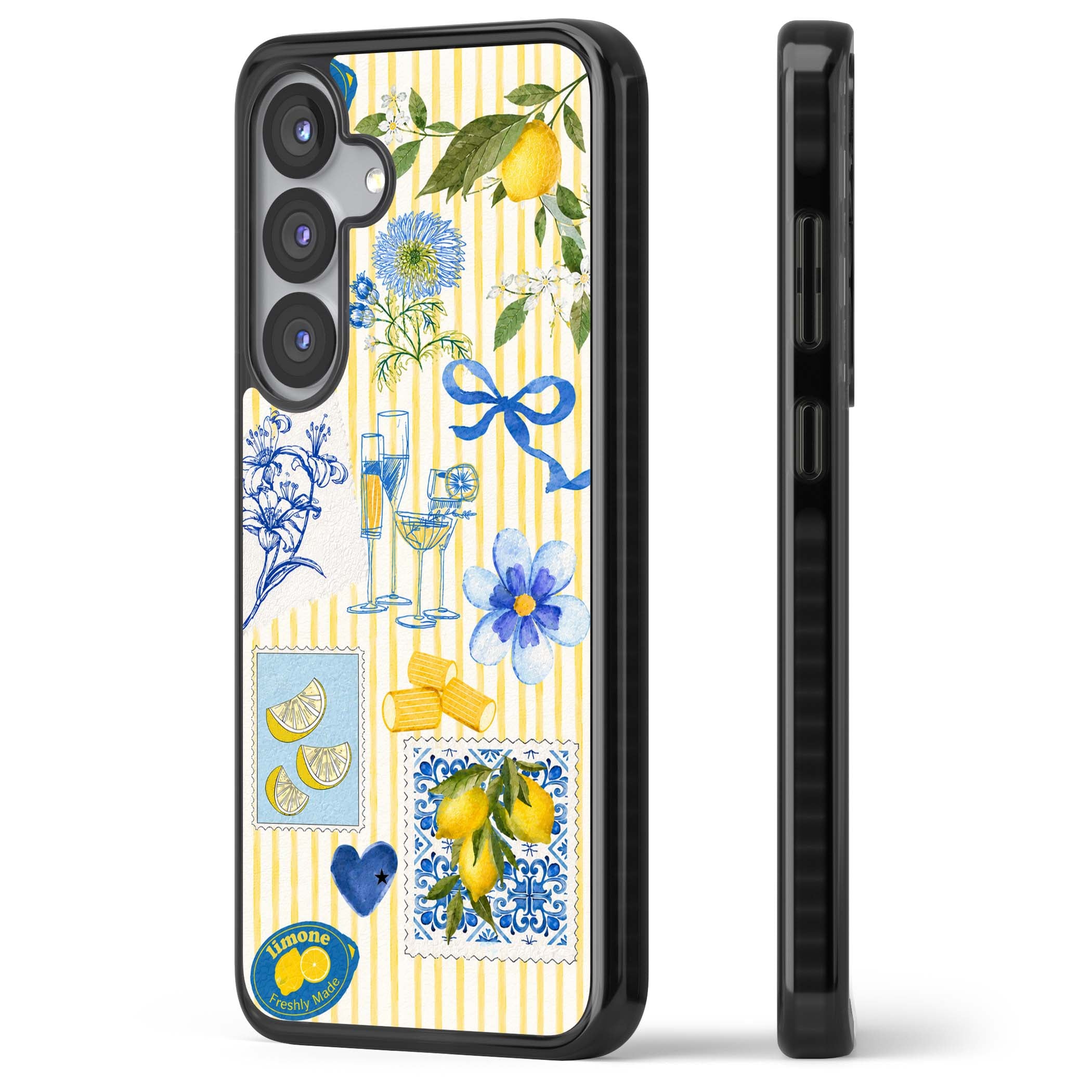 Limone Riviera Italian summer iPhone case featuring watercolour lemons, blue ribbon bows and majolica tile stamps on... | Black Impact case for Samsung Galaxy S25, Samsung Galaxy S25 Plus