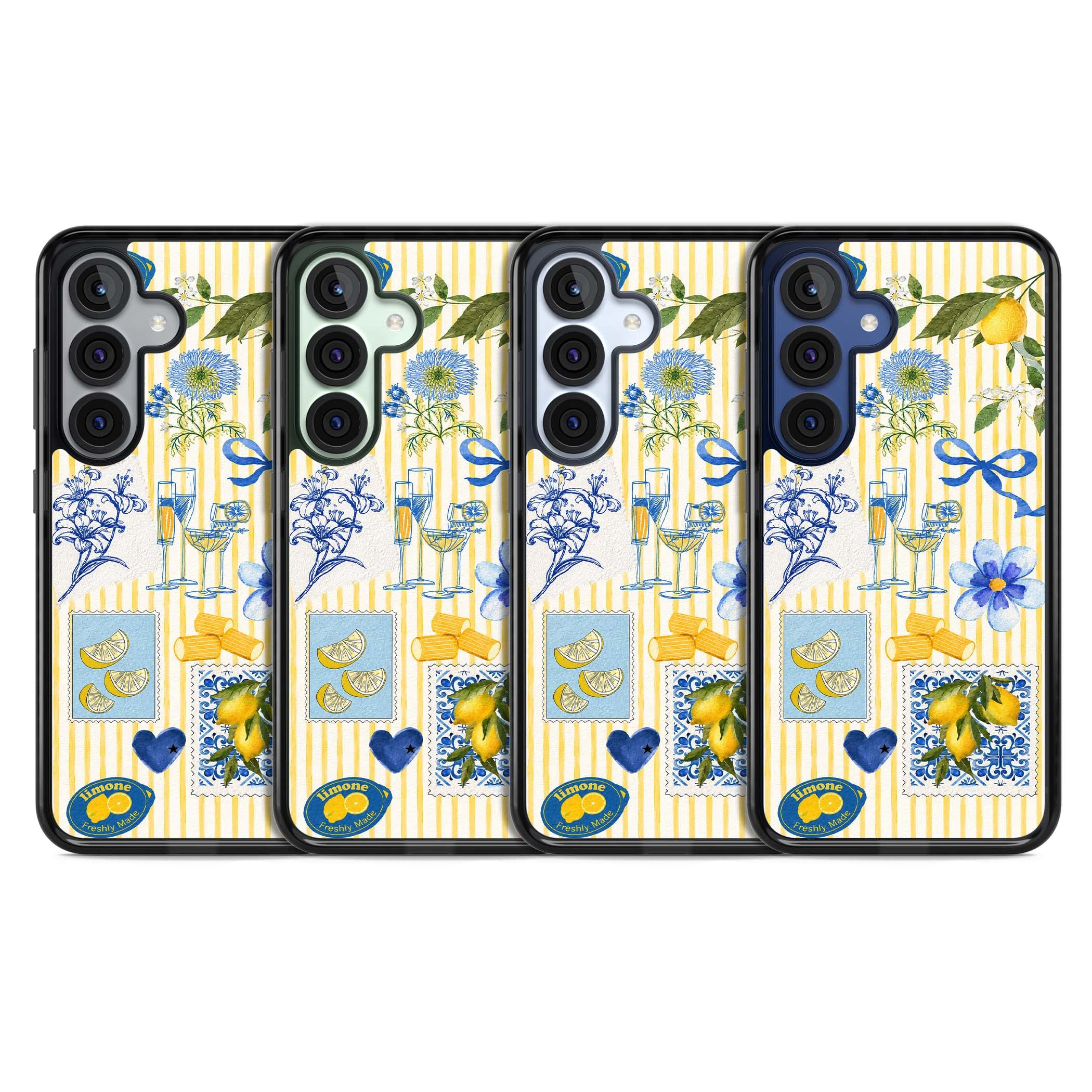 Limone Riviera Italian summer iPhone case featuring watercolour lemons, blue ribbon bows and majolica tile stamps on... | Black Impact case for Samsung Galaxy S25, Samsung Galaxy S25 Plus