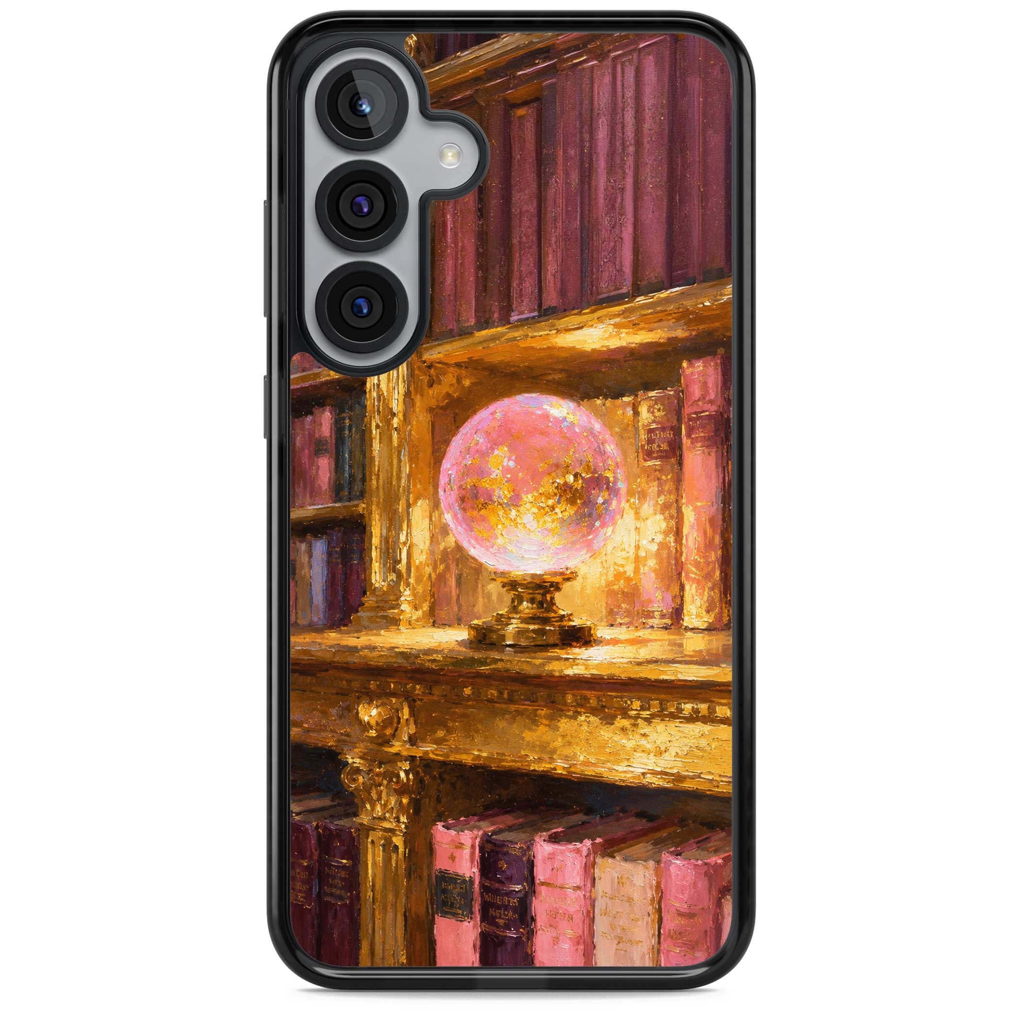 Gilded Library dark academia iPhone case featuring an oil painted crystal ball on a gilded library shelf with vintage | Black Impact case for Samsung Galaxy S25, Samsung Galaxy S25 Plus