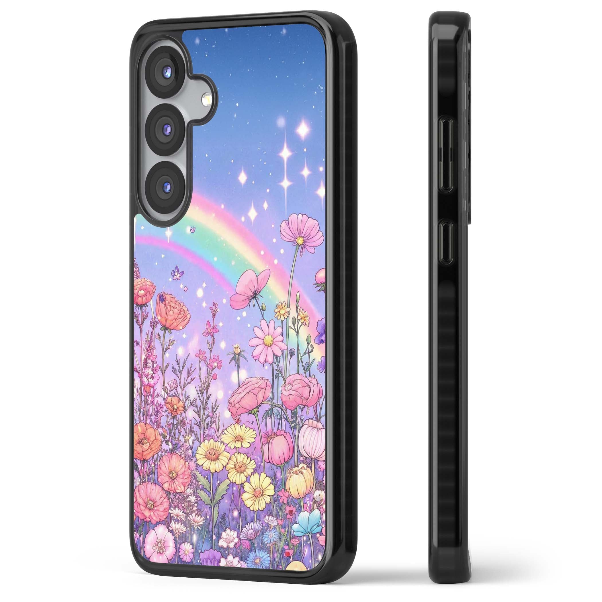 Magical Meadow fairycore iPhone case featuring a pastel rainbow, sparkling stars and a wildflower meadow | Black Impact case for Samsung Galaxy S25, Samsung Galaxy S25 Plus