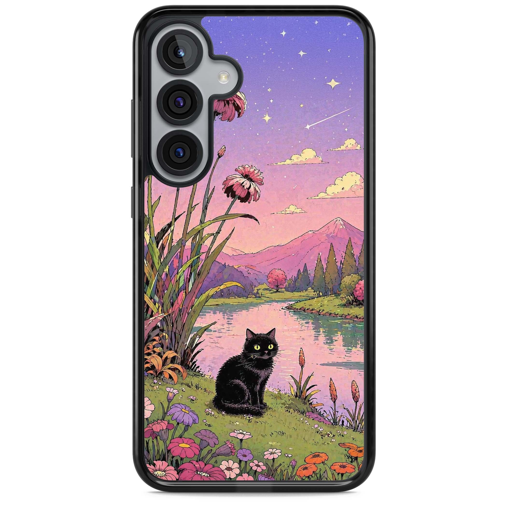 Mystic Whiskers ghibli iPhone case featuring a black cat by a pastel lake, wildflowers and a starry sunset sky | Black Impact case for Samsung Galaxy S25, Samsung Galaxy S25 Plus