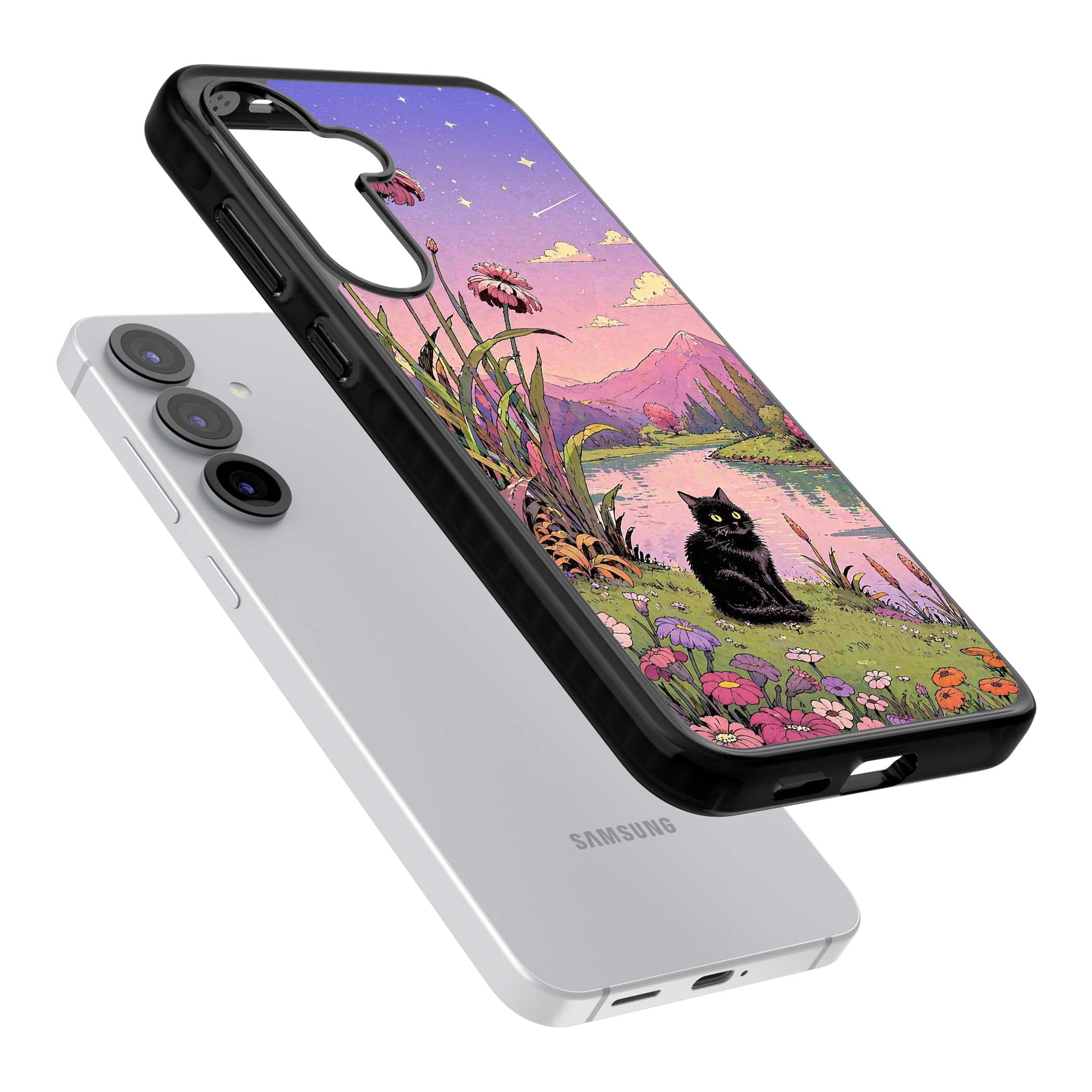 Mystic Whiskers ghibli iPhone case featuring a black cat by a pastel lake, wildflowers and a starry sunset sky | Black Impact case for Samsung Galaxy S25, Samsung Galaxy S25 Plus